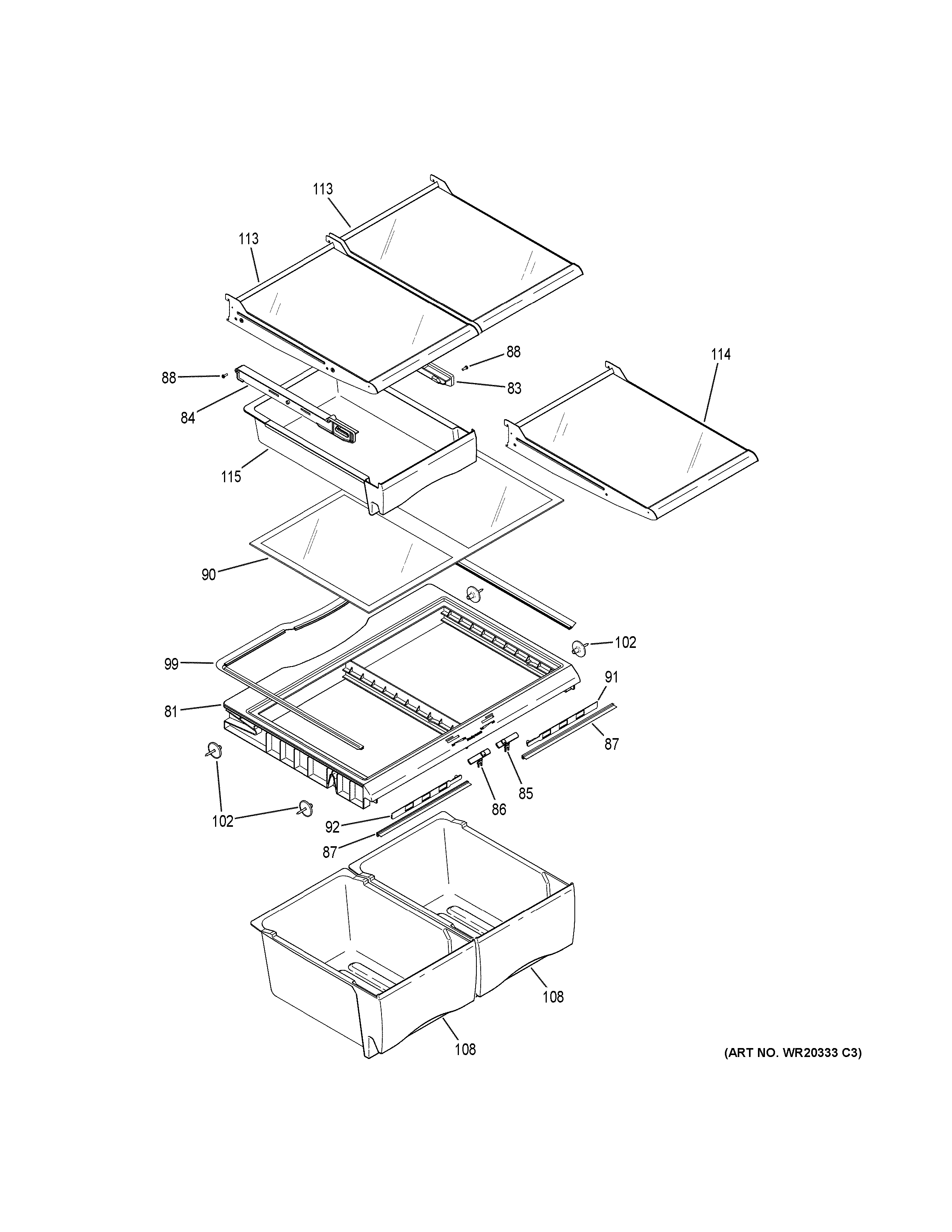 GE GDE23ETEBRBB fresh food shelves diagram
