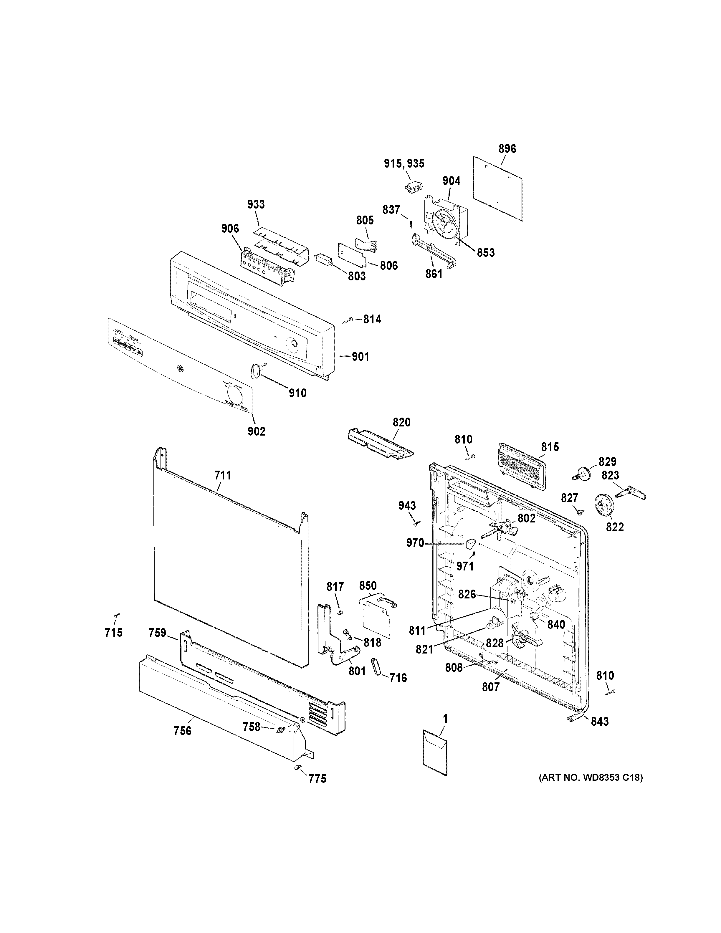 GE GSD3300D00CC escutcheon & door assembly diagram
