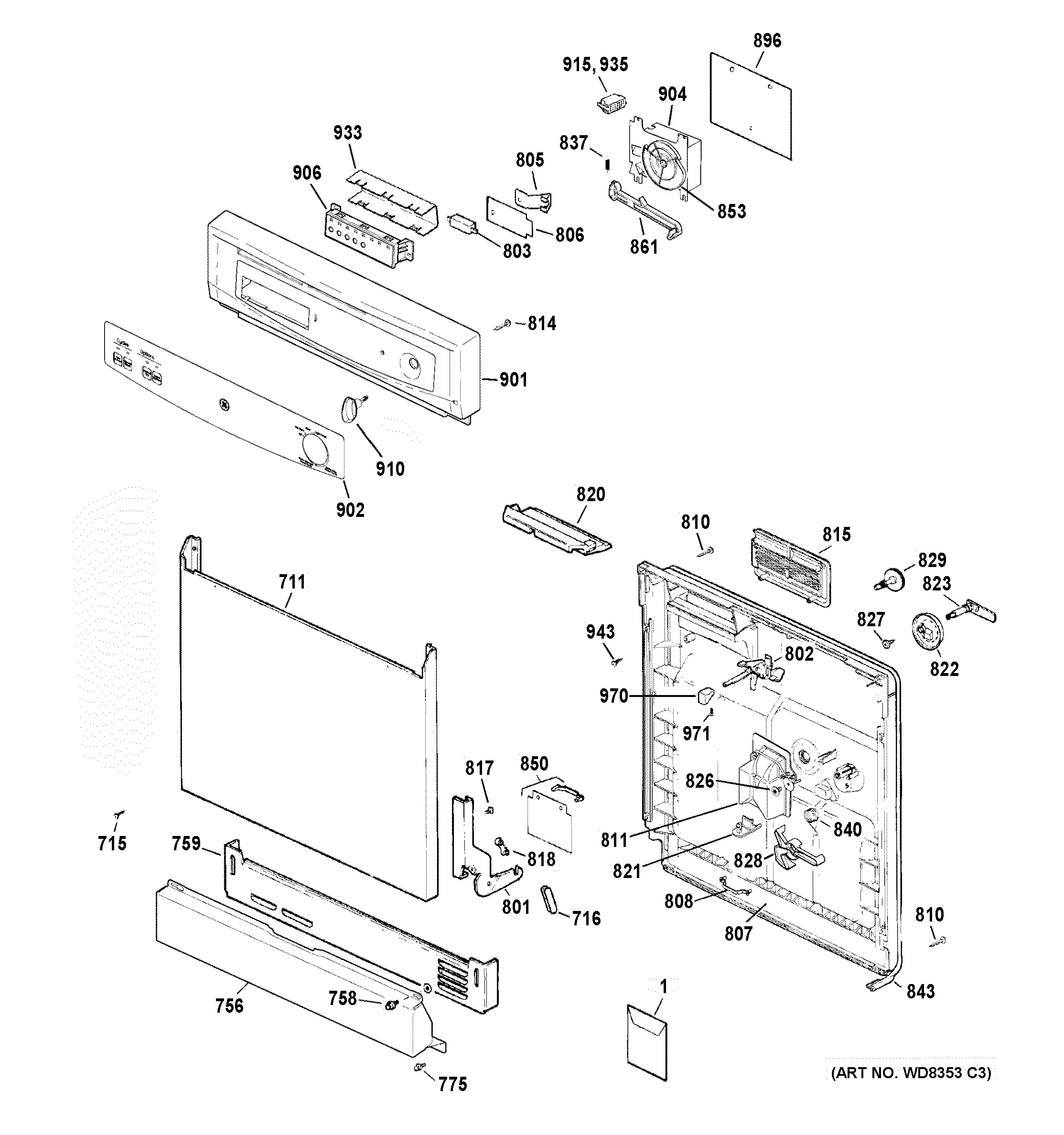 GE GSD3300D45CC escutcheon & door assembly diagram