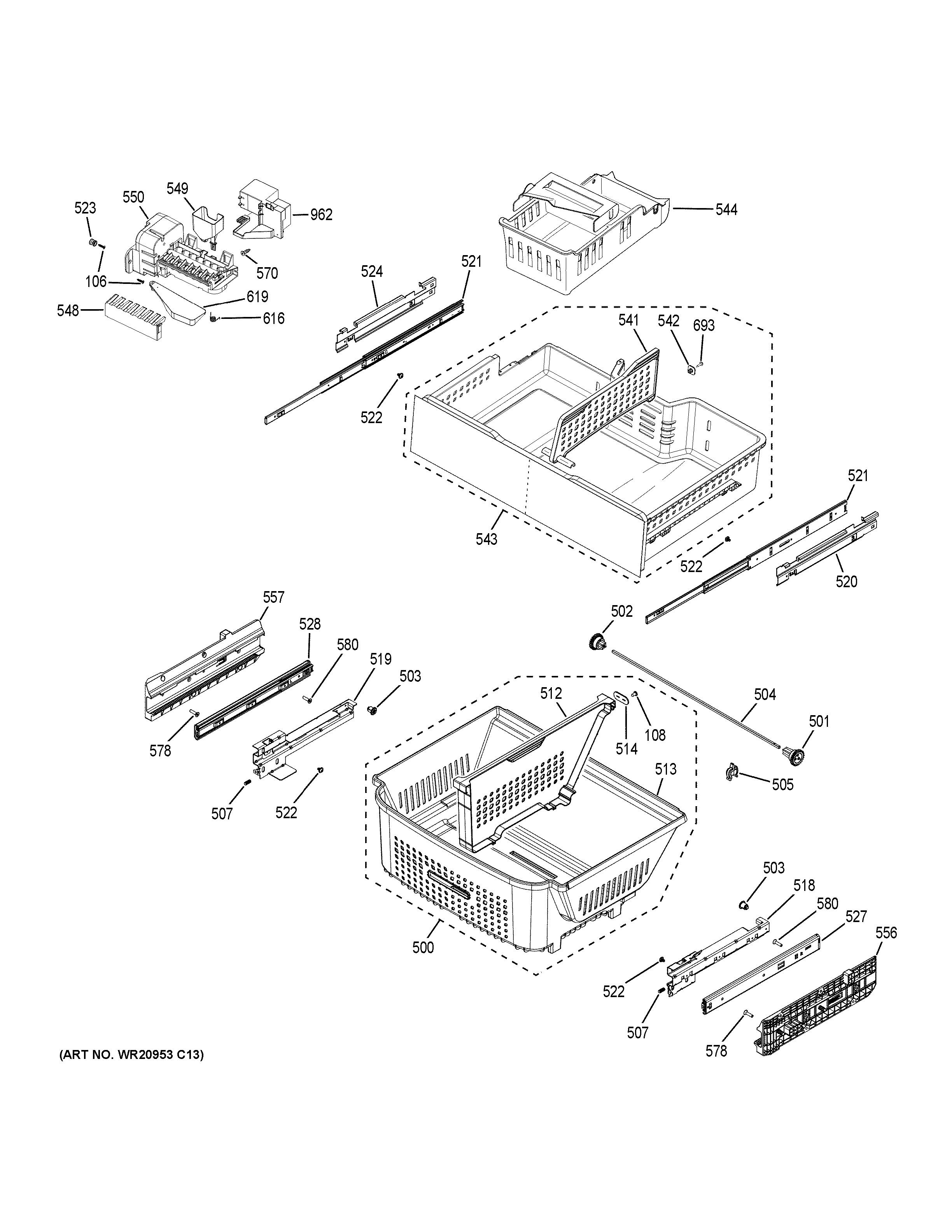 GE PWE23KGDEWW freezer shelves diagram