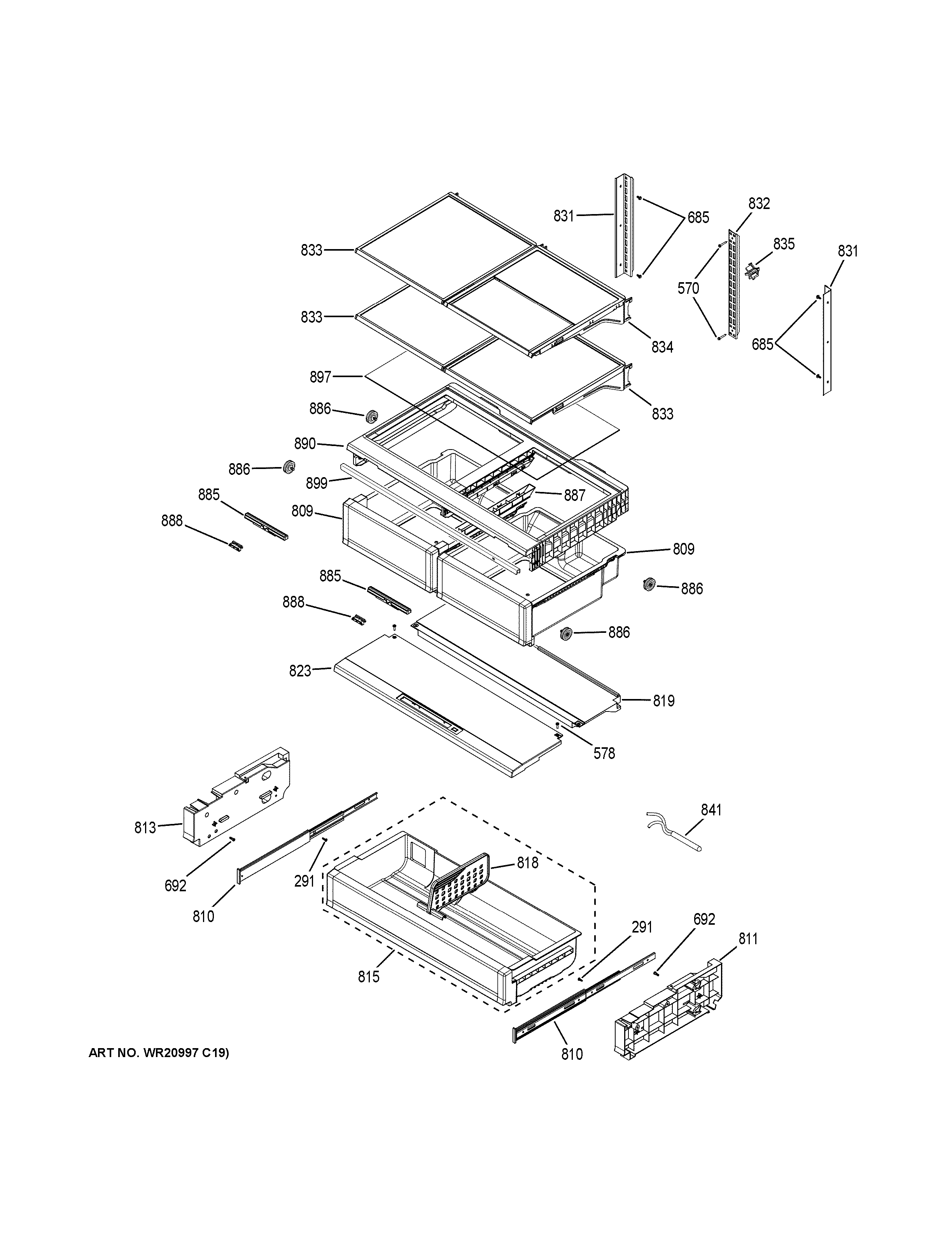 GE PWE23KGDEWW fresh food shelves diagram