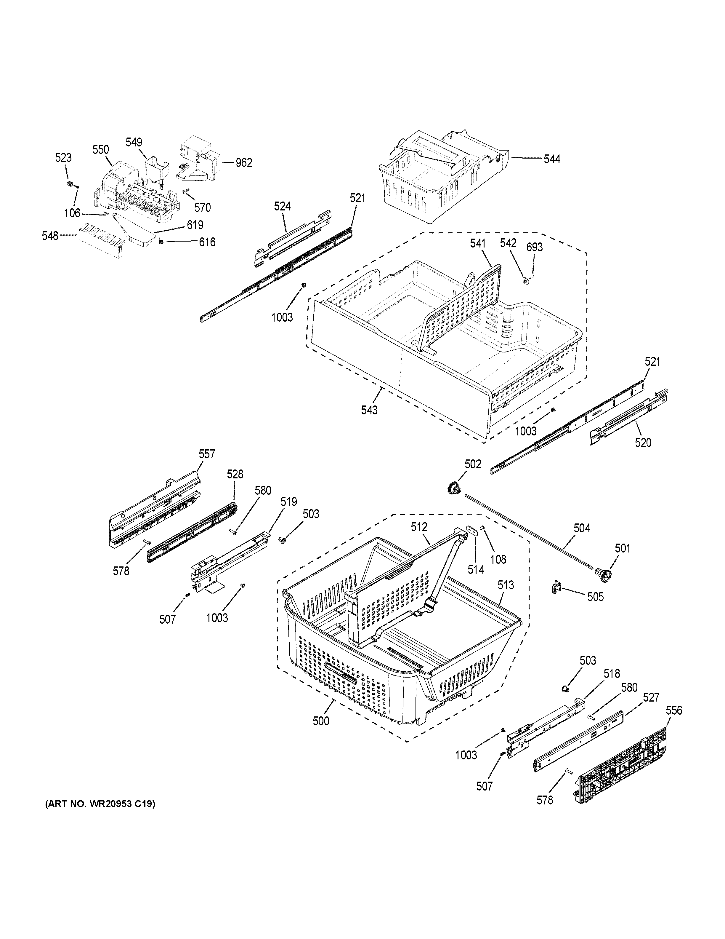 GE PWE23KMDGES freezer shelves diagram