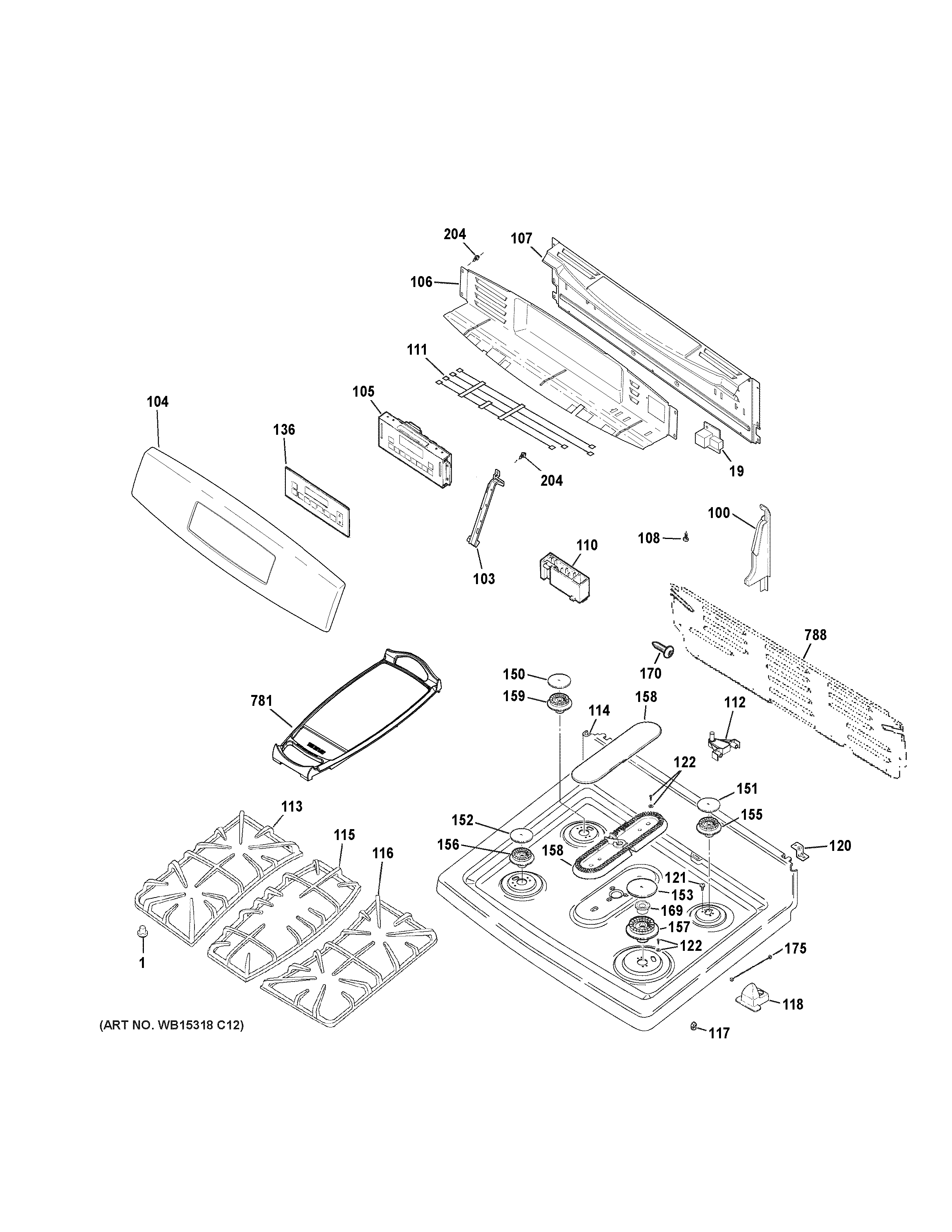 GE JGB750DEF2BB control panel & cooktop diagram