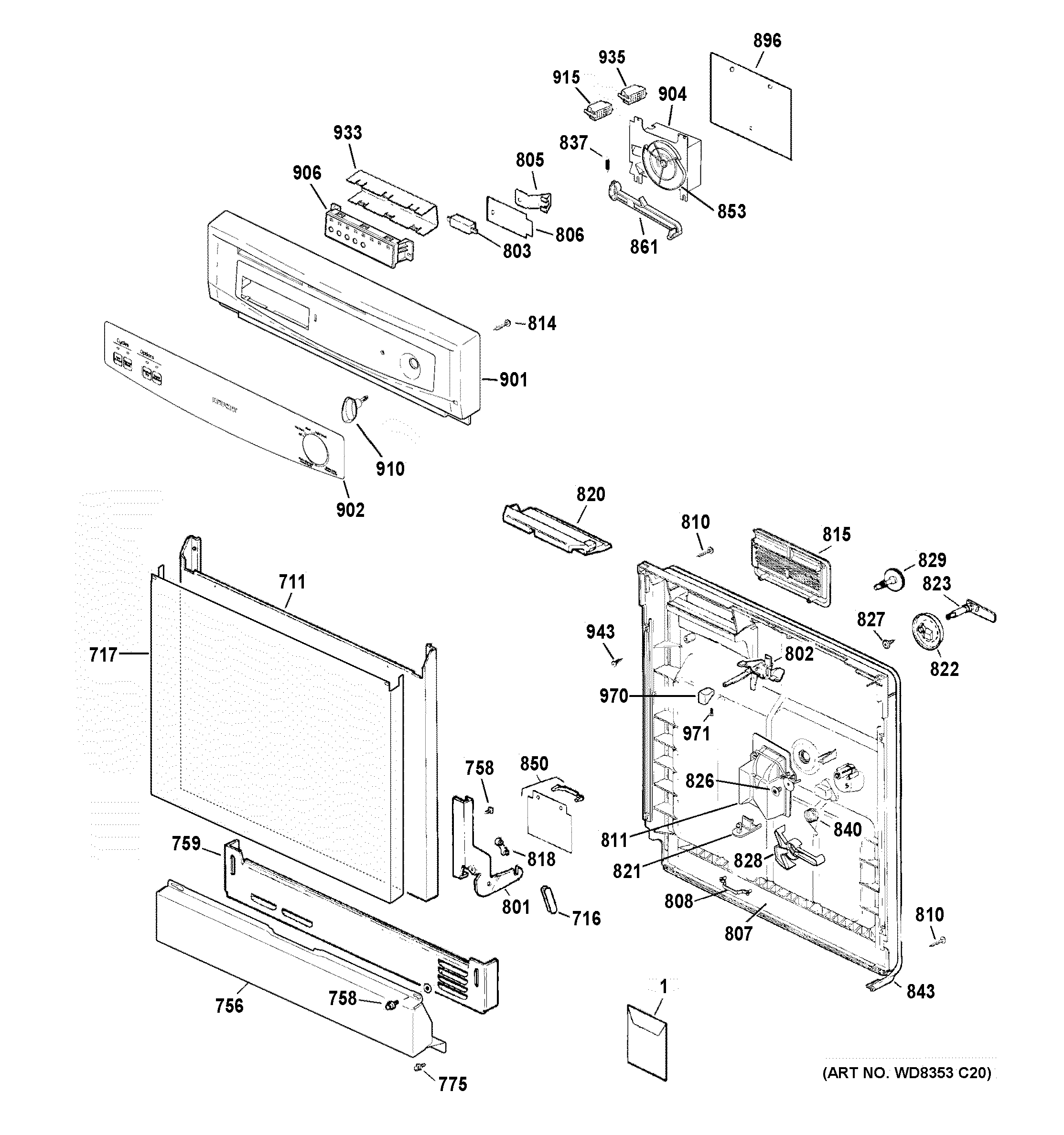 Hotpoint HDA2040V35SA escutcheon & door assembly diagram
