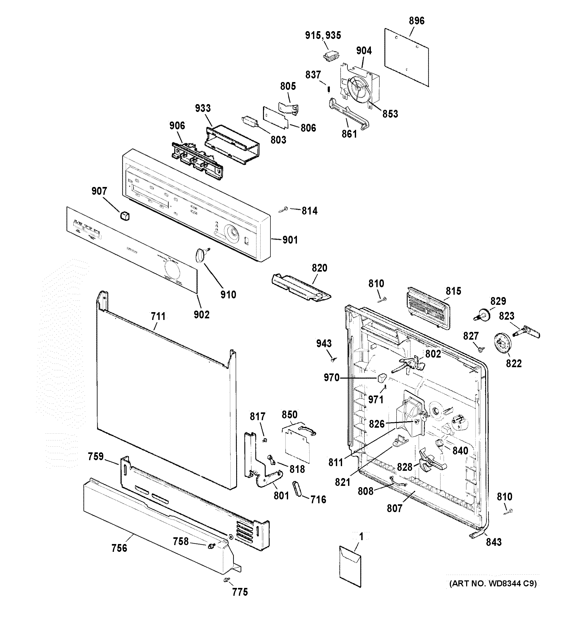Hotpoint HDA3600D00CC escutcheon & door assembly diagram
