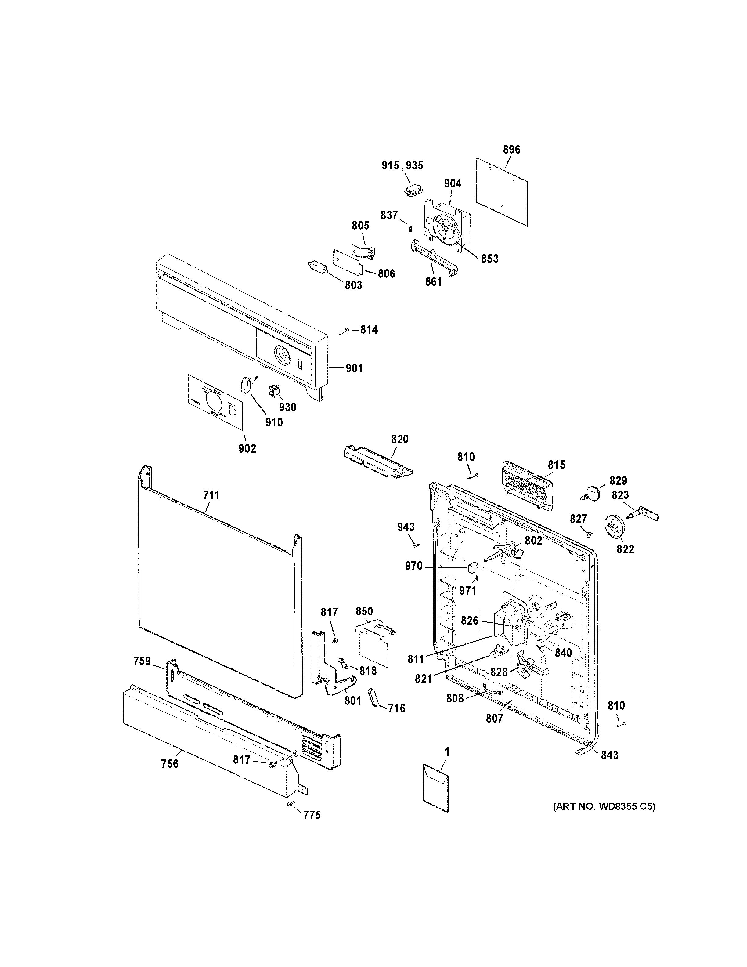 GE MSD2100V35WW escutcheon & door assembly diagram