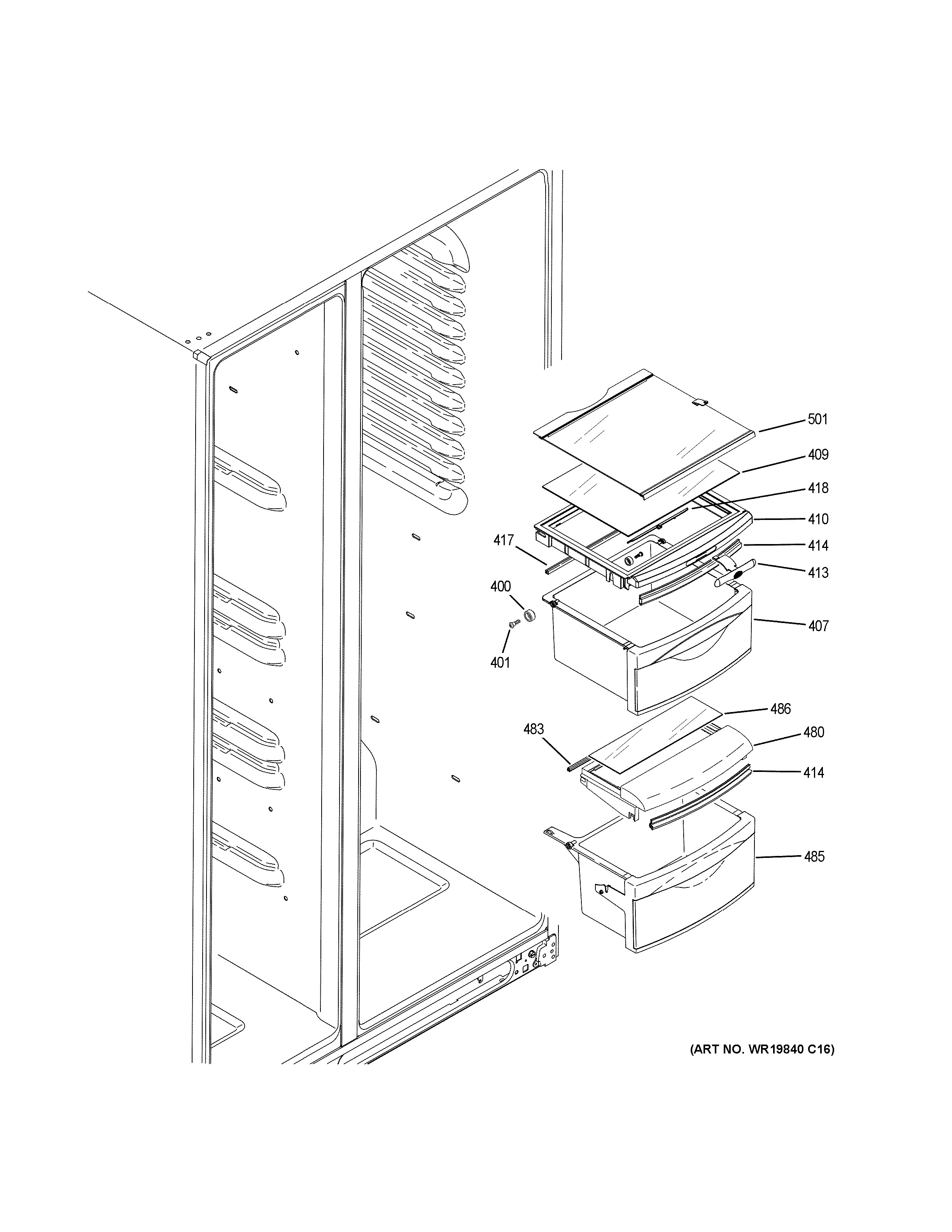 GE GSS25LSLECSS fresh food shelves diagram