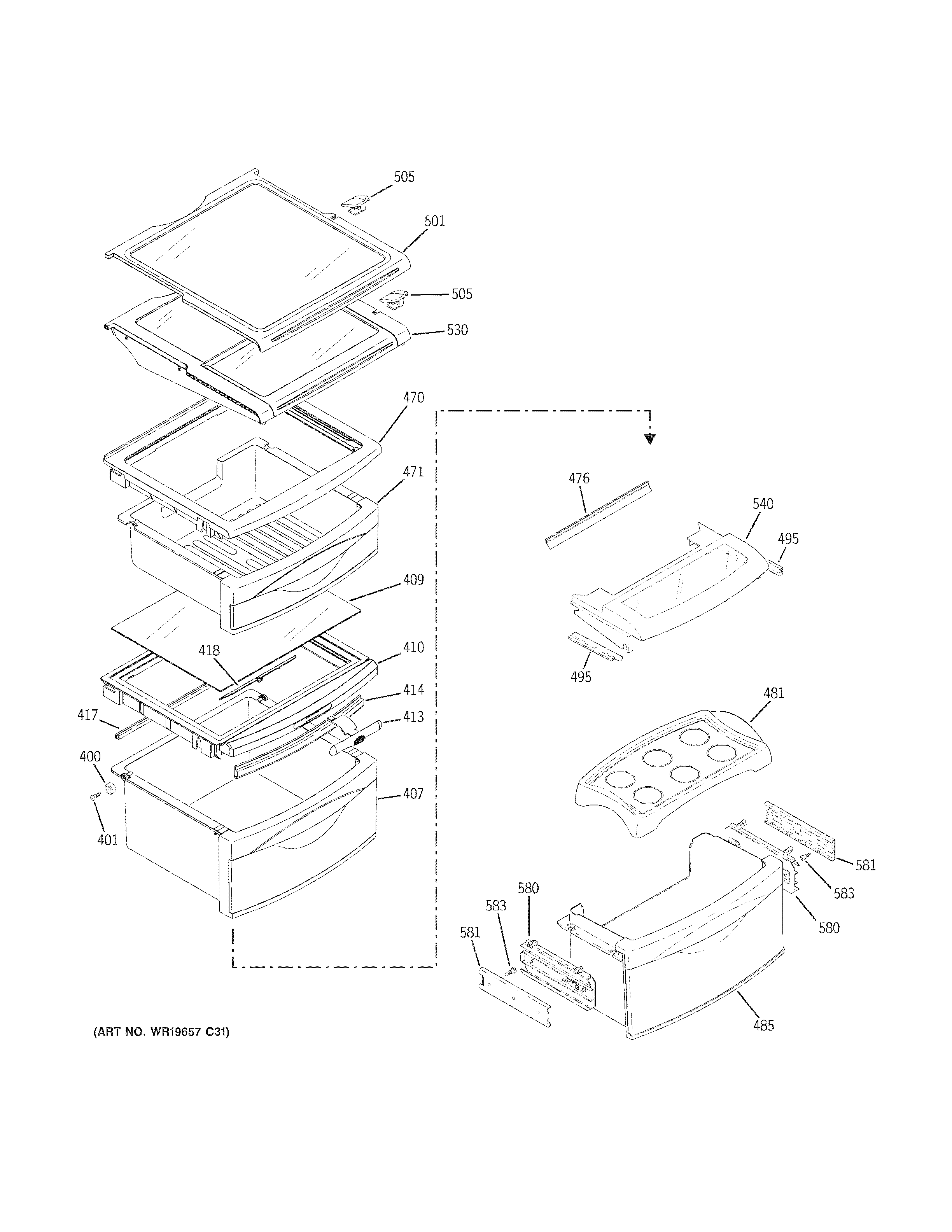 GE PSF26MGWACC fresh food shelves diagram