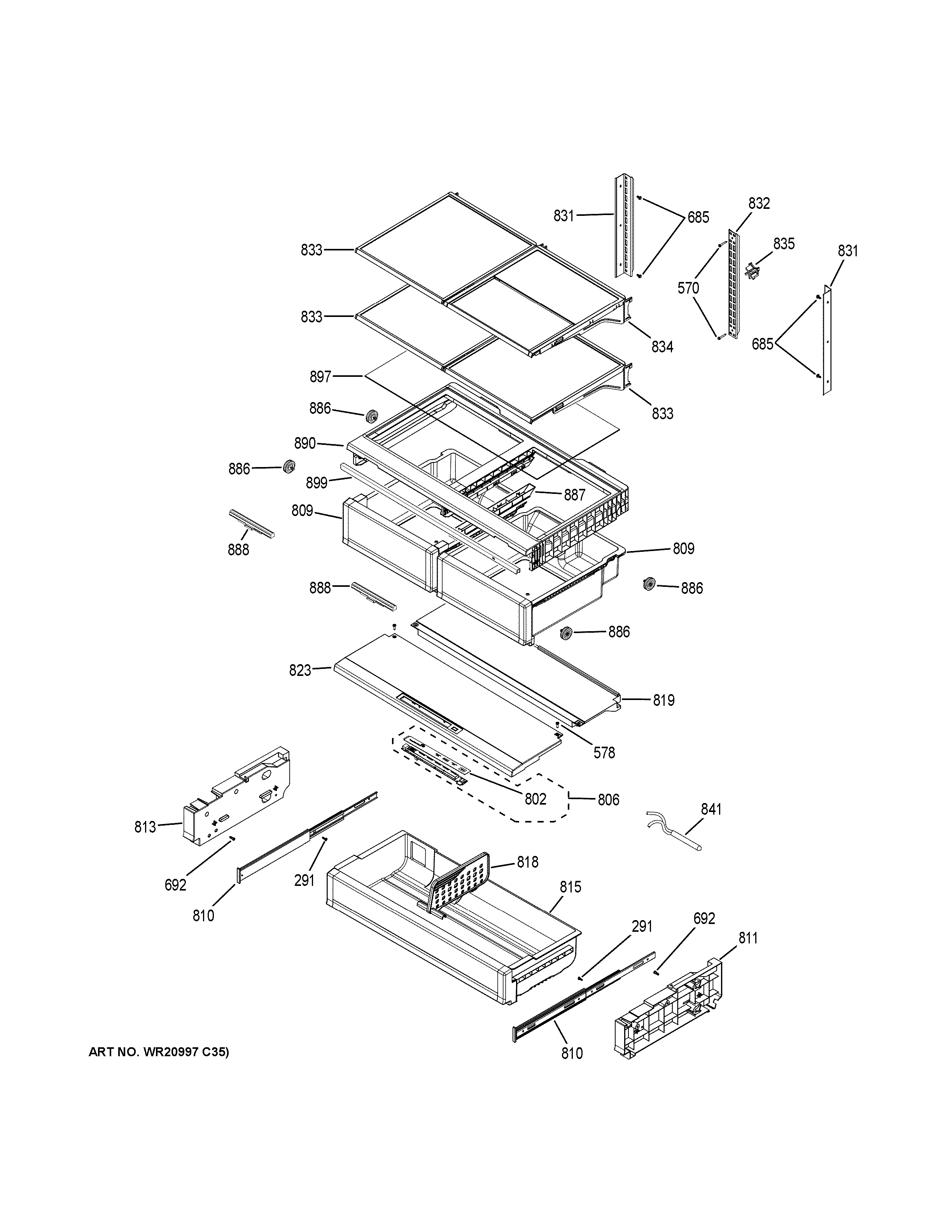 GE ZWE23ESHMSS fresh food shelves diagram