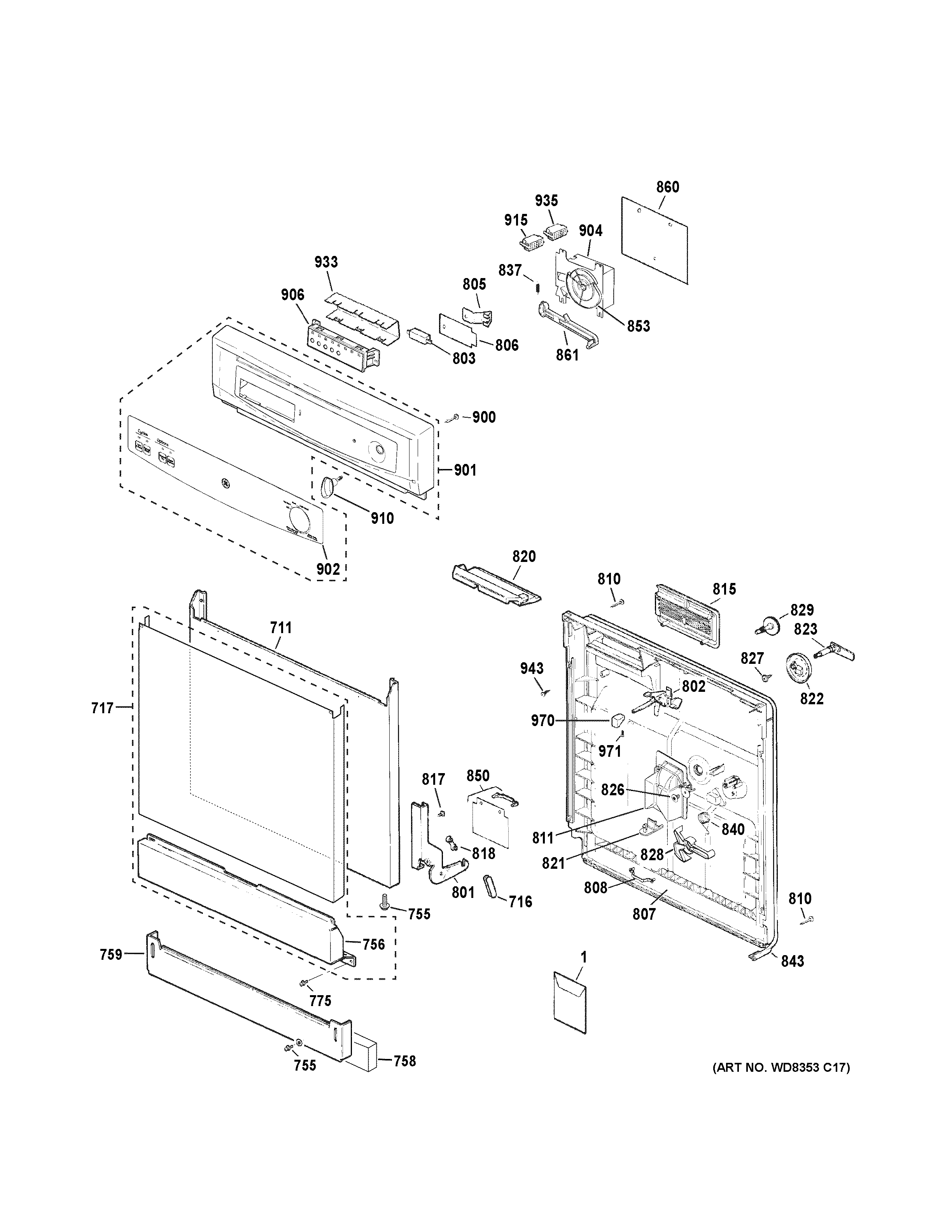 GE GSD3360D50SS escutcheon & door assembly diagram