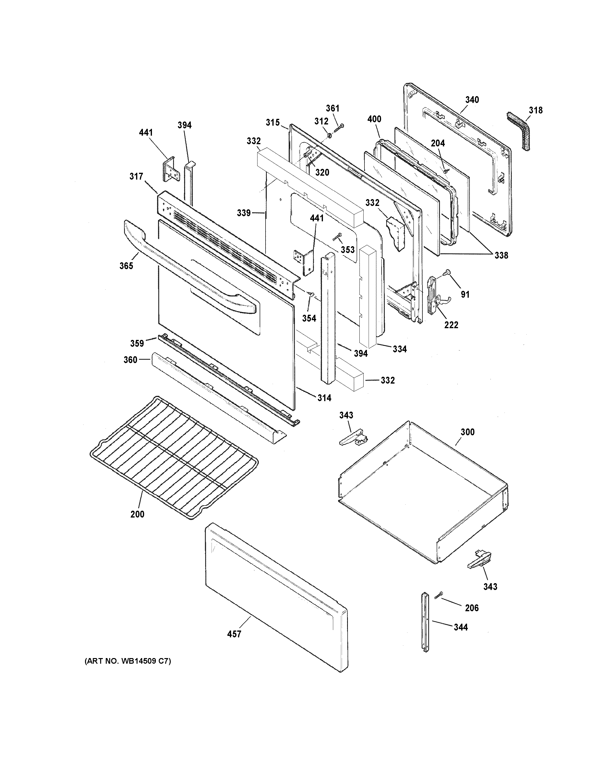 GE JB255DJ2BB door & drawer parts diagram