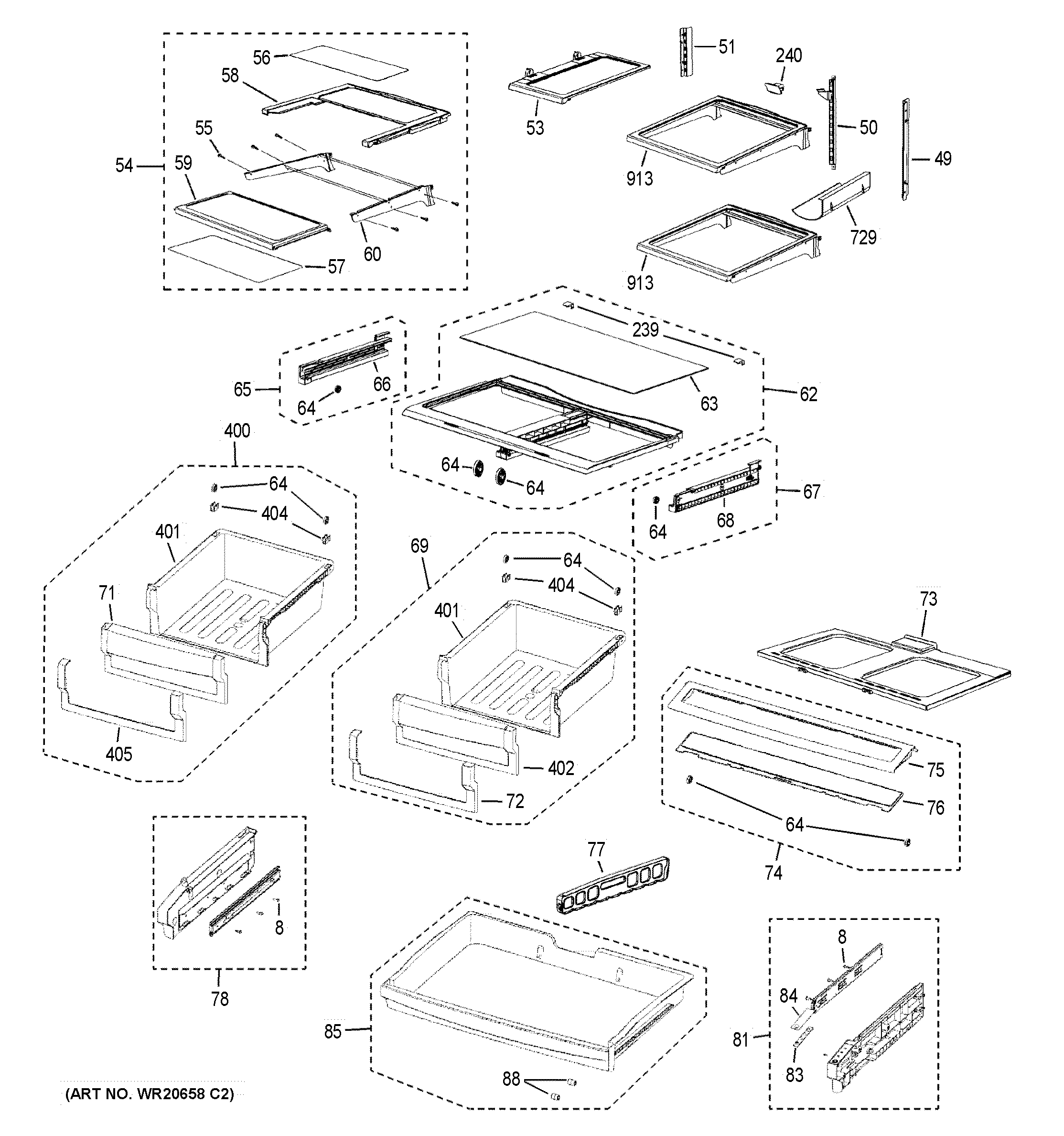 GE PFSS9SKYASS fresh food shelves diagram