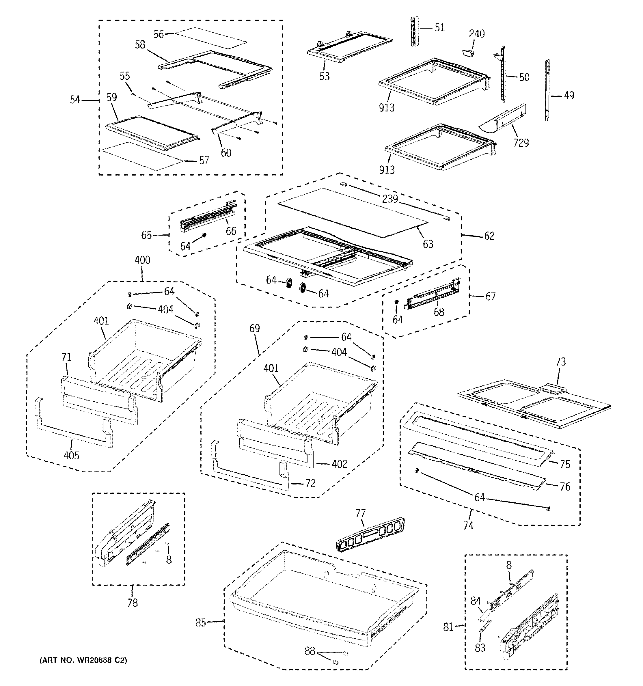 GE PFSS9SKYBSS fresh food shelves diagram