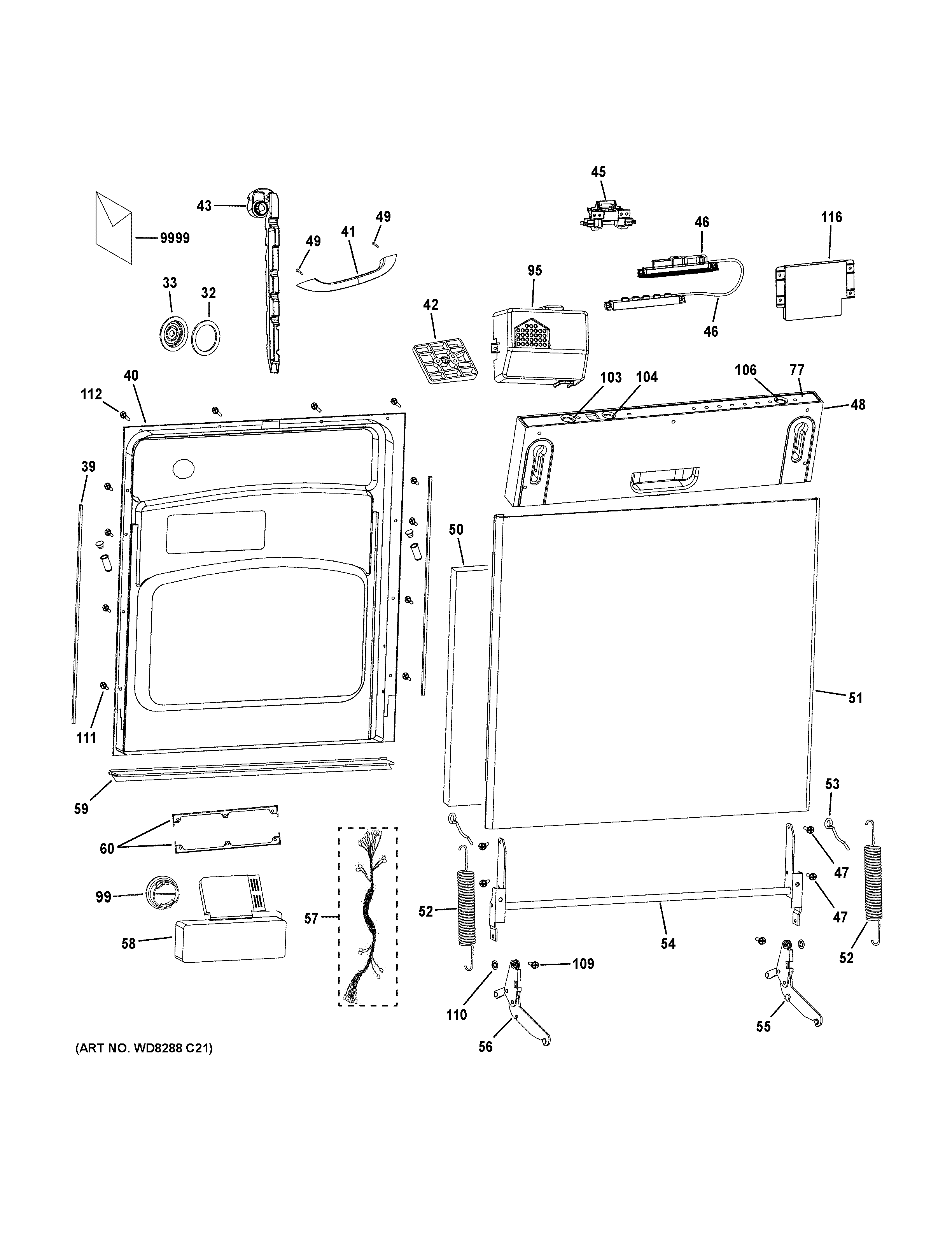 GE PDW1800N02BB escutcheon & door assembly diagram