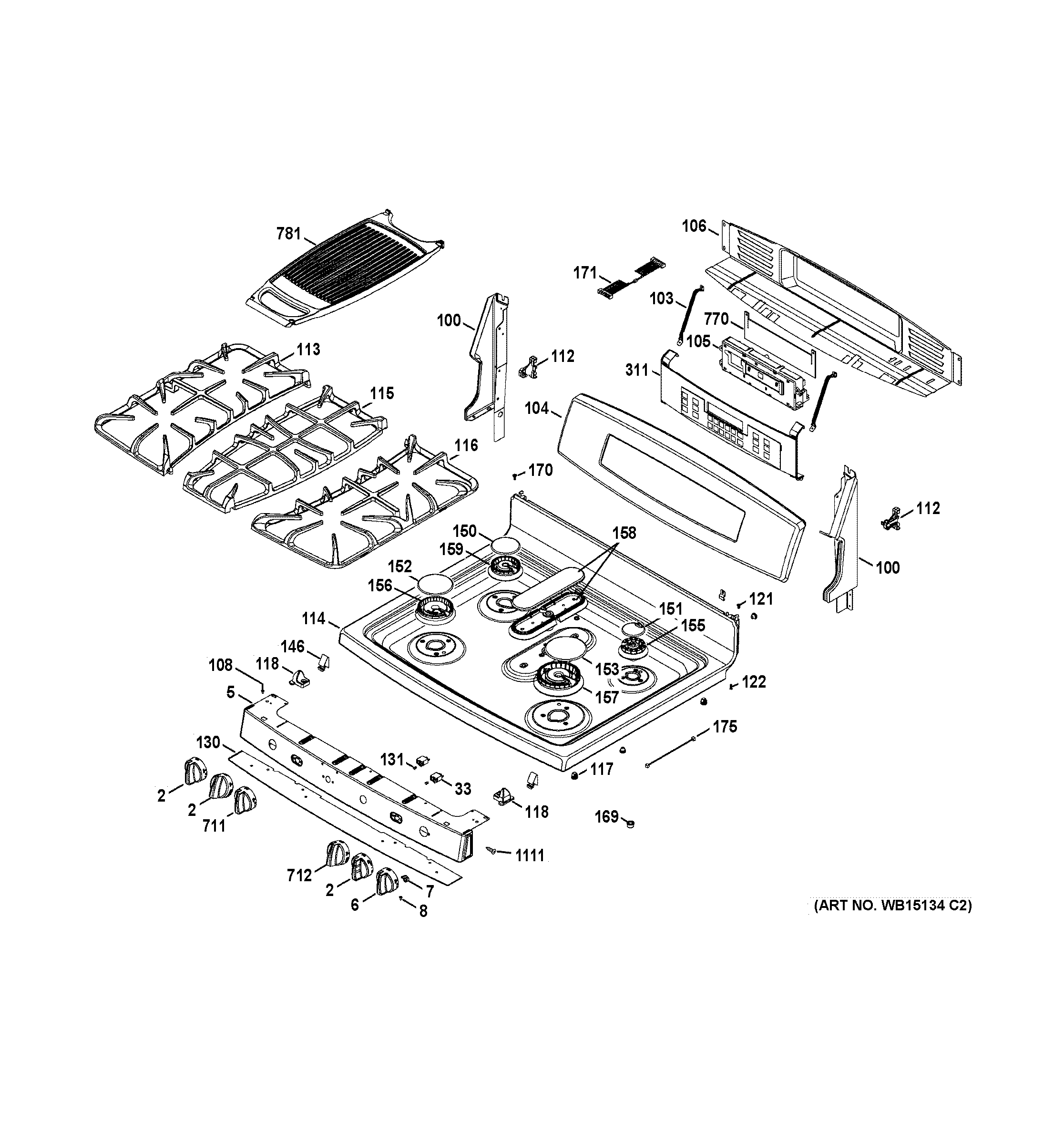 GE PGB995DET2BB control panel & cooktop diagram