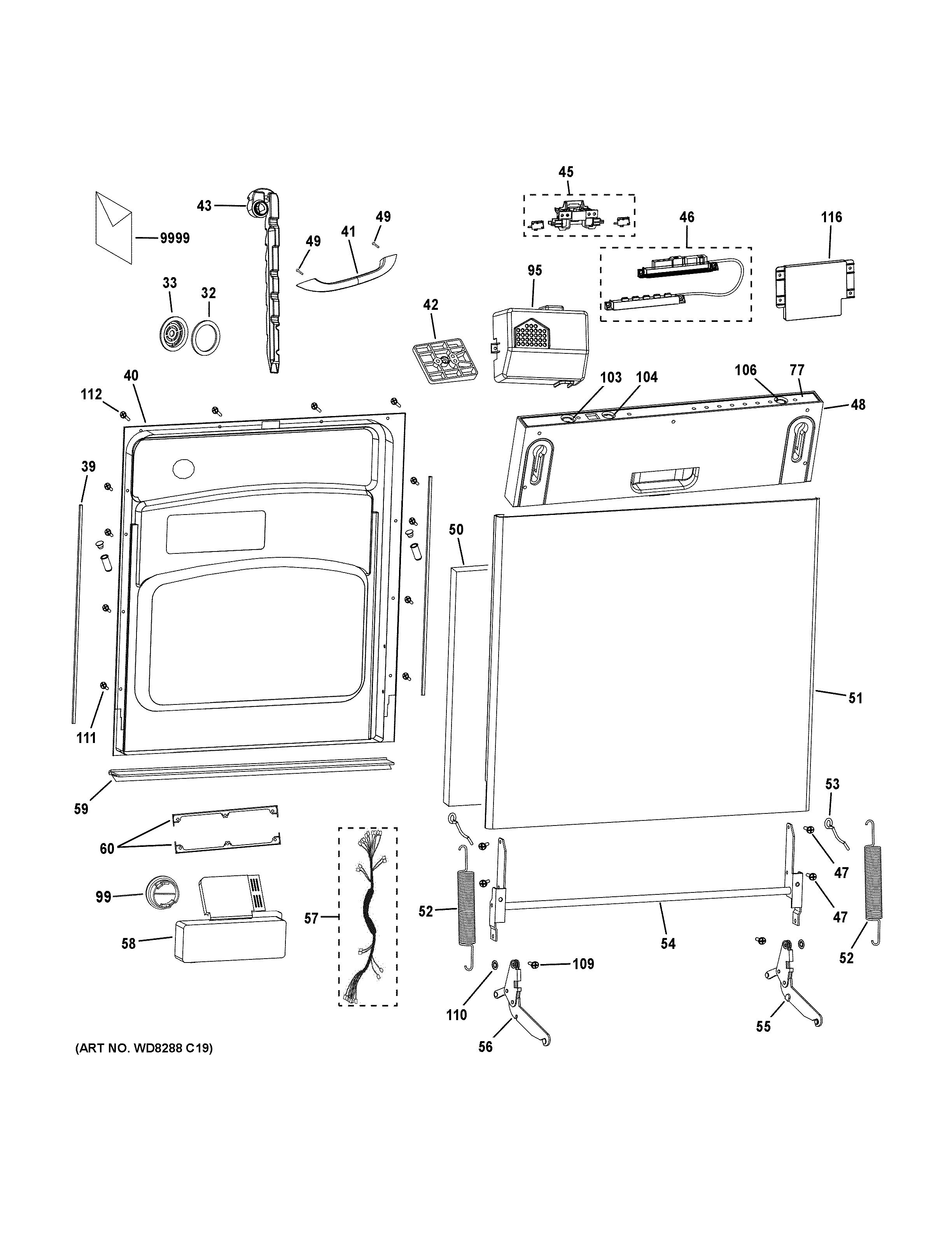 GE PDW1860K01SS escutcheon & door assembly diagram