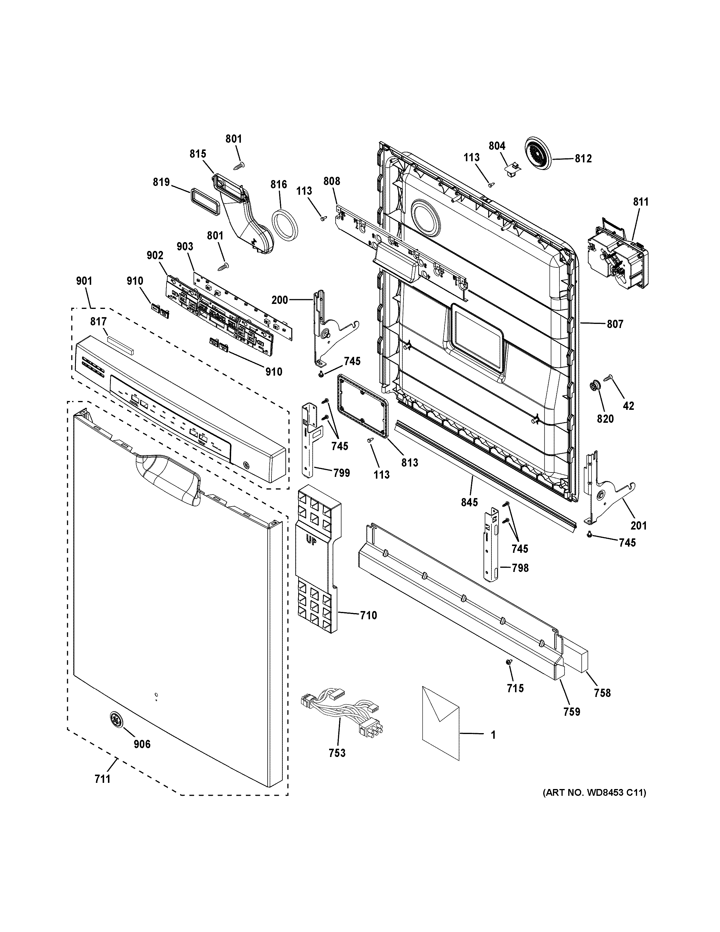 GE GDF510PGJ4BB escutcheon & door assembly diagram