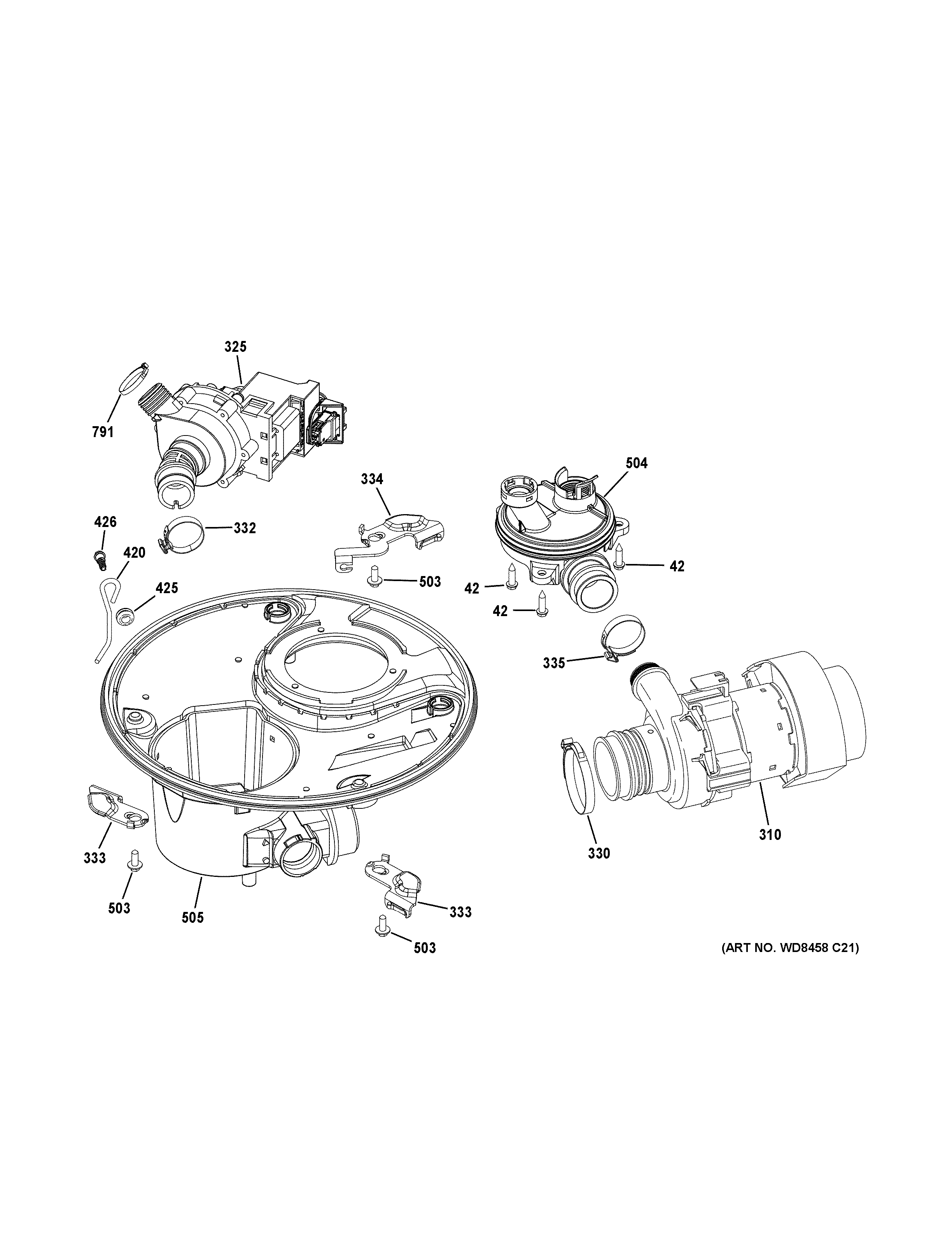 GE GDF510PGJ4BB sump & motor mechanism diagram