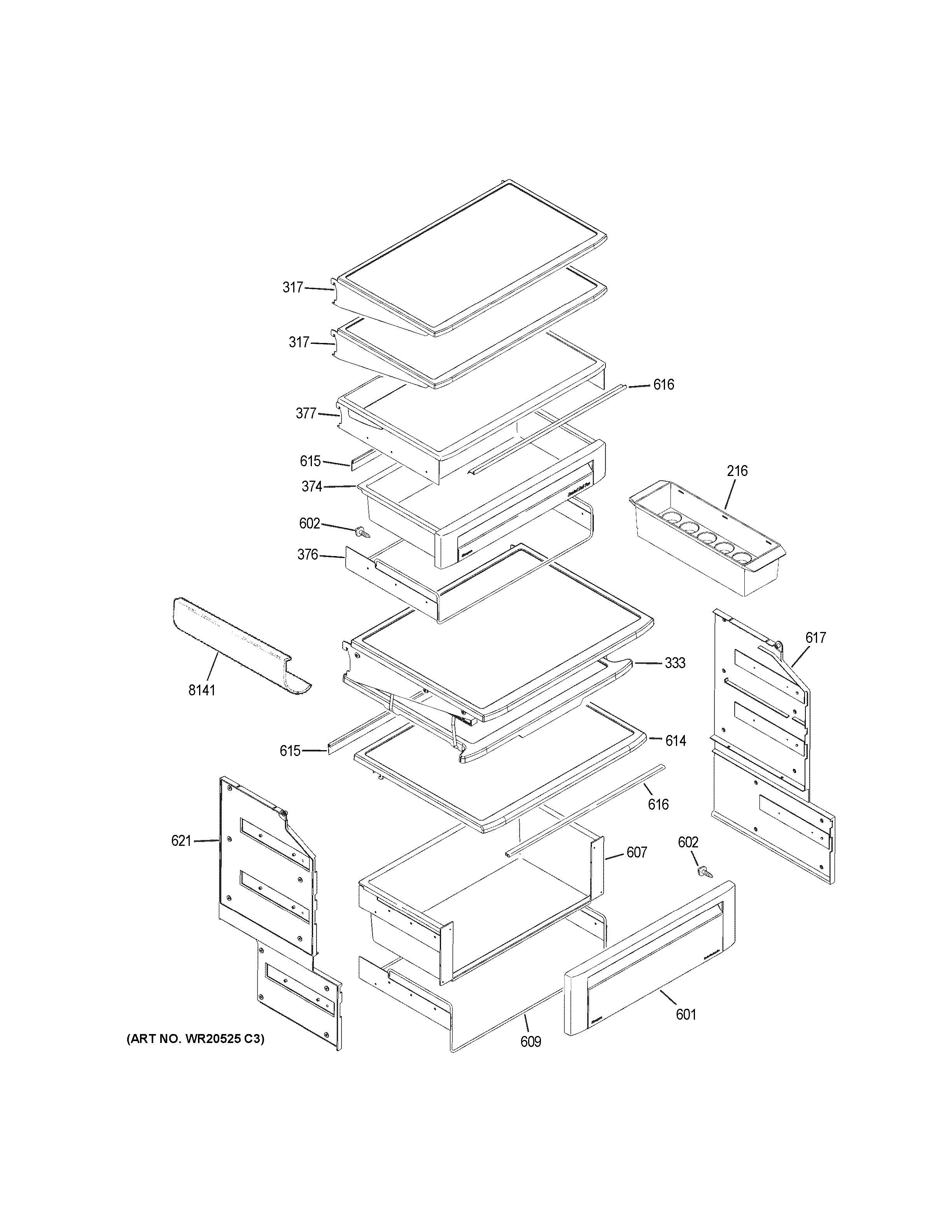 GE ZSEB420DYA fresh food shelves diagram