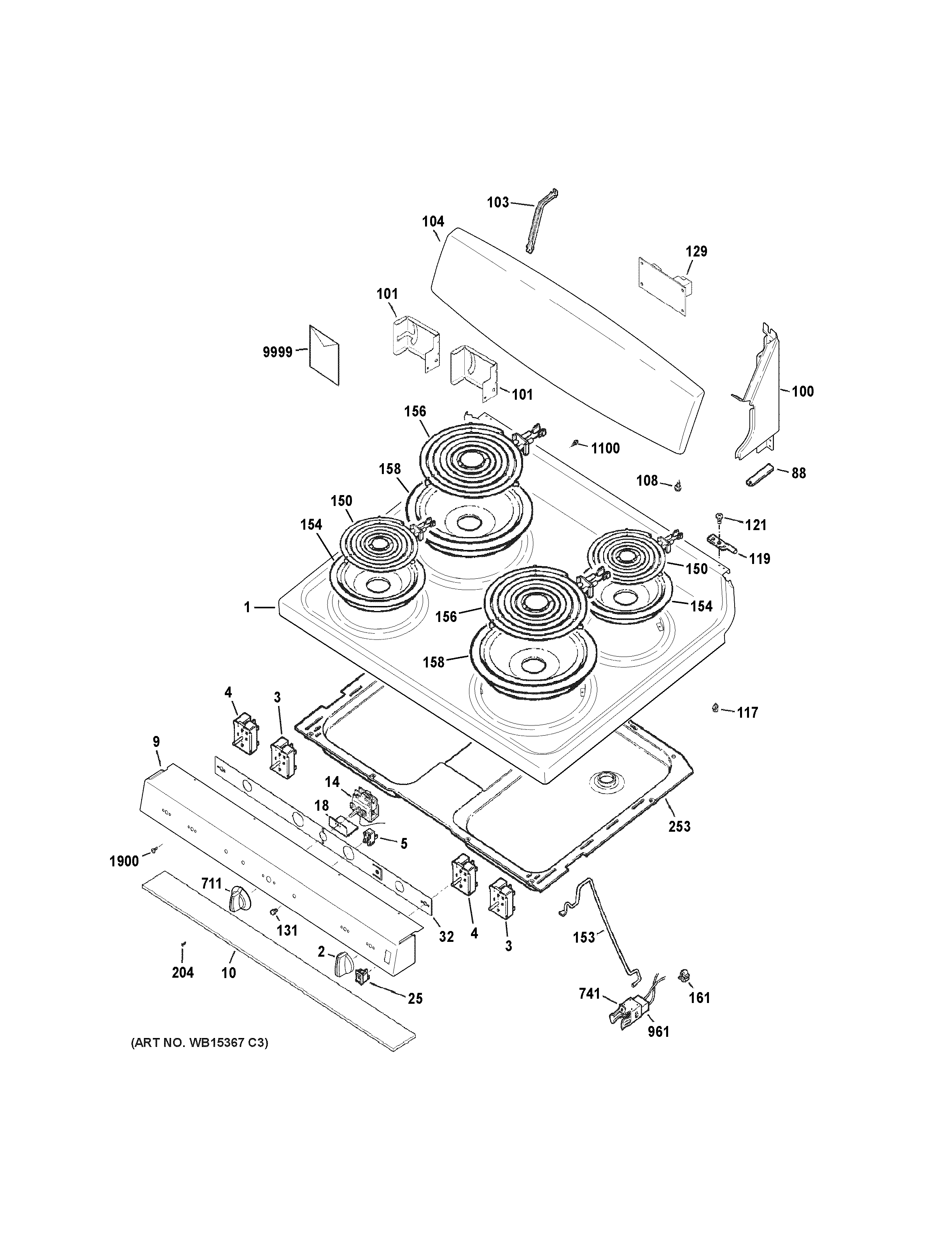 GE JB450DF1CC control panel & cooktop diagram