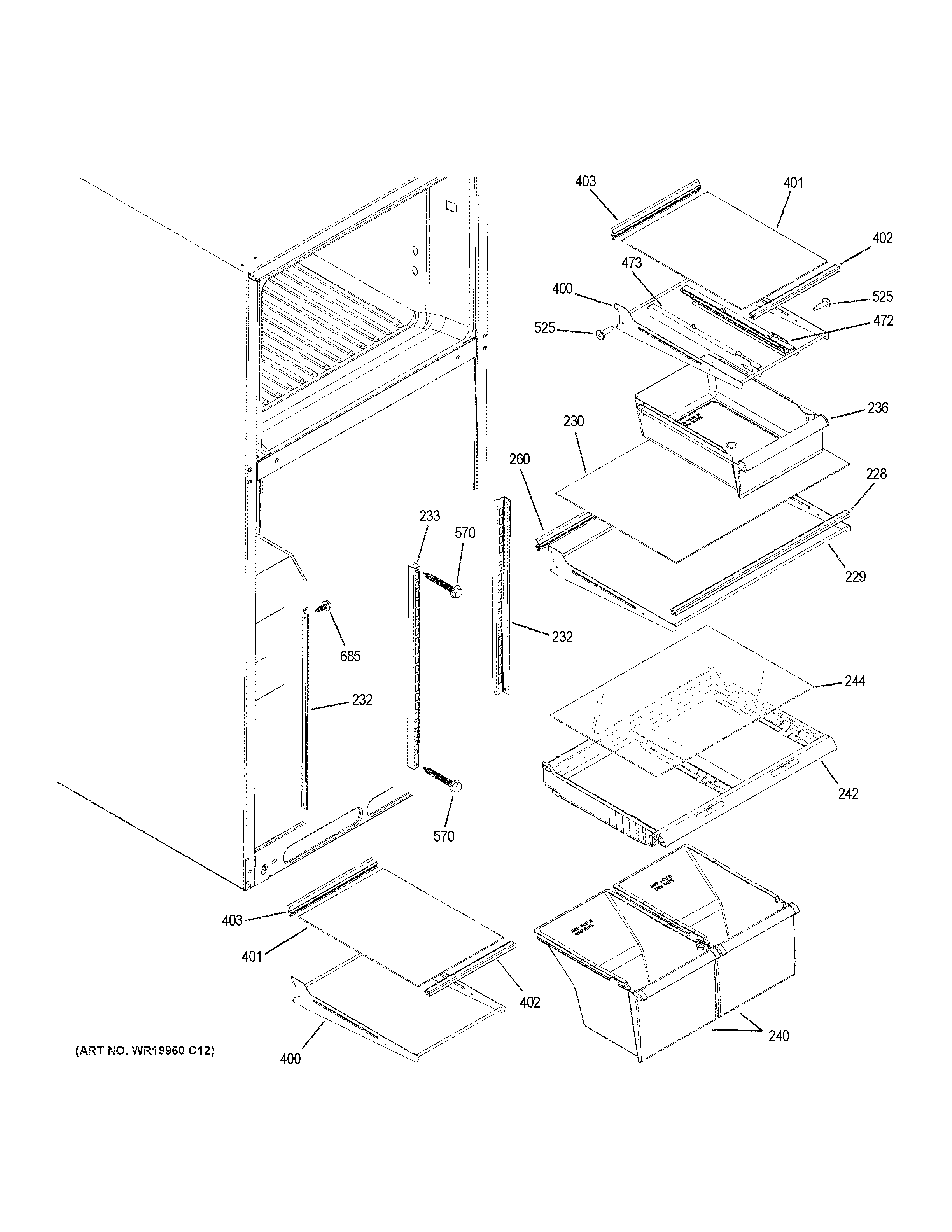GE GTE18ISHHRSS fresh food shelves diagram