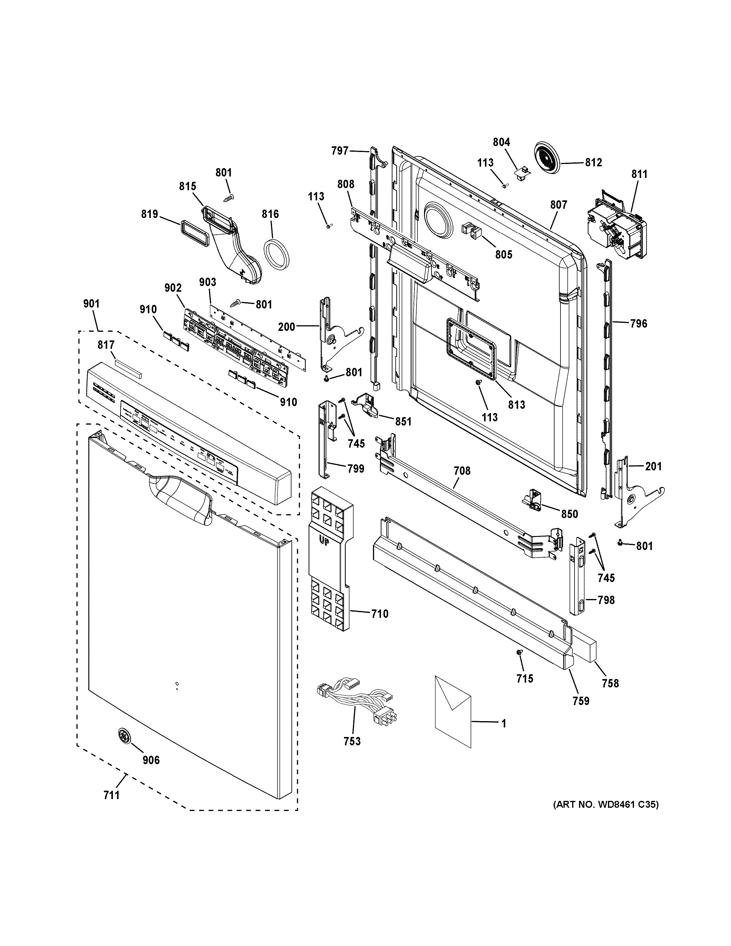 GE GDF540HMF4ES escutcheon & door assembly diagram