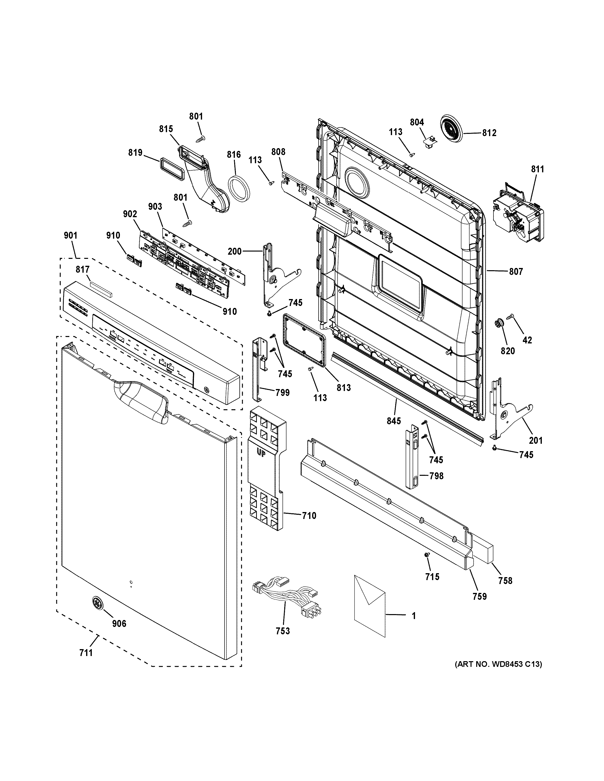 GE GDF520PSD2SS escutcheon & door assembly diagram