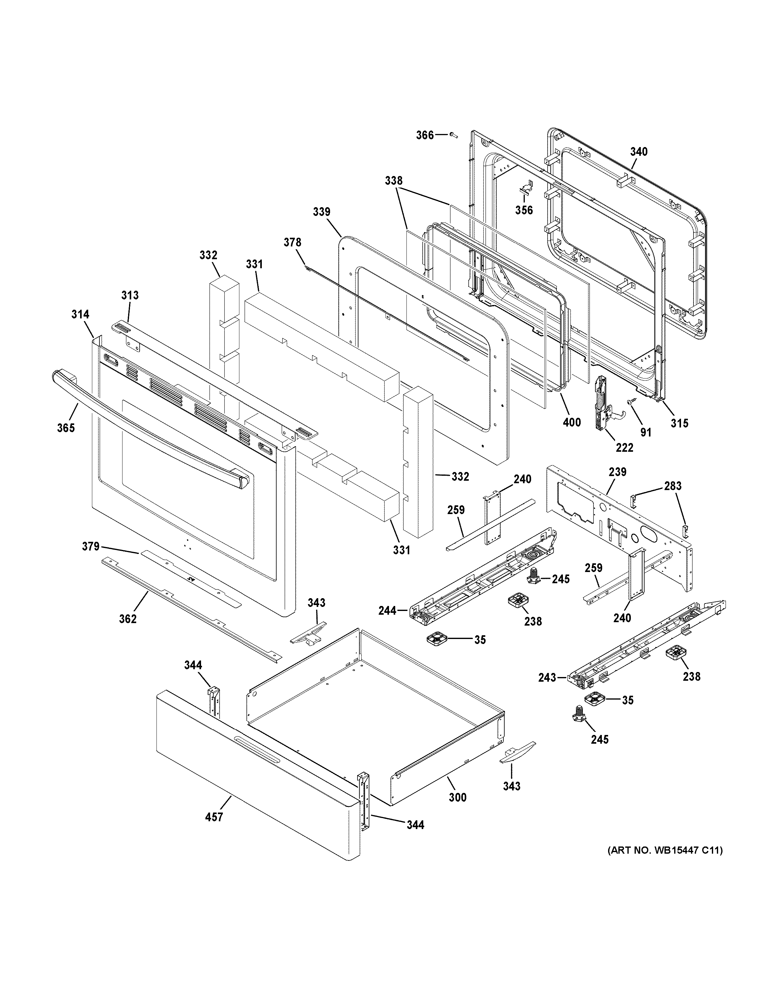 GE JGB700SEJ3SS door & drawer parts diagram