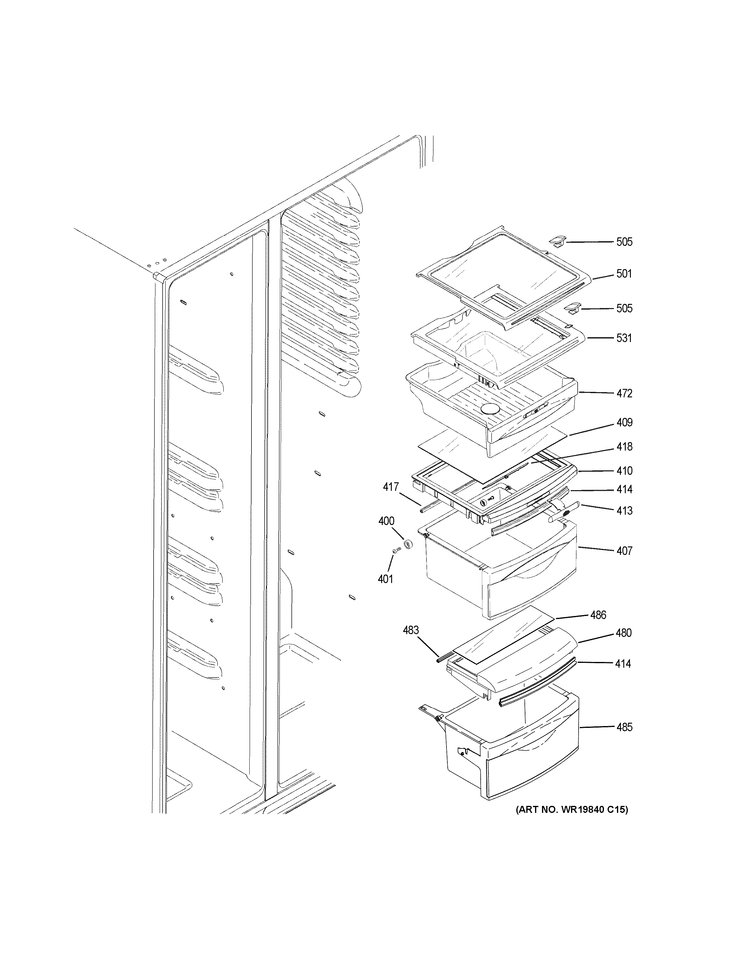 GE GSS23HGHECBB fresh food shelves diagram