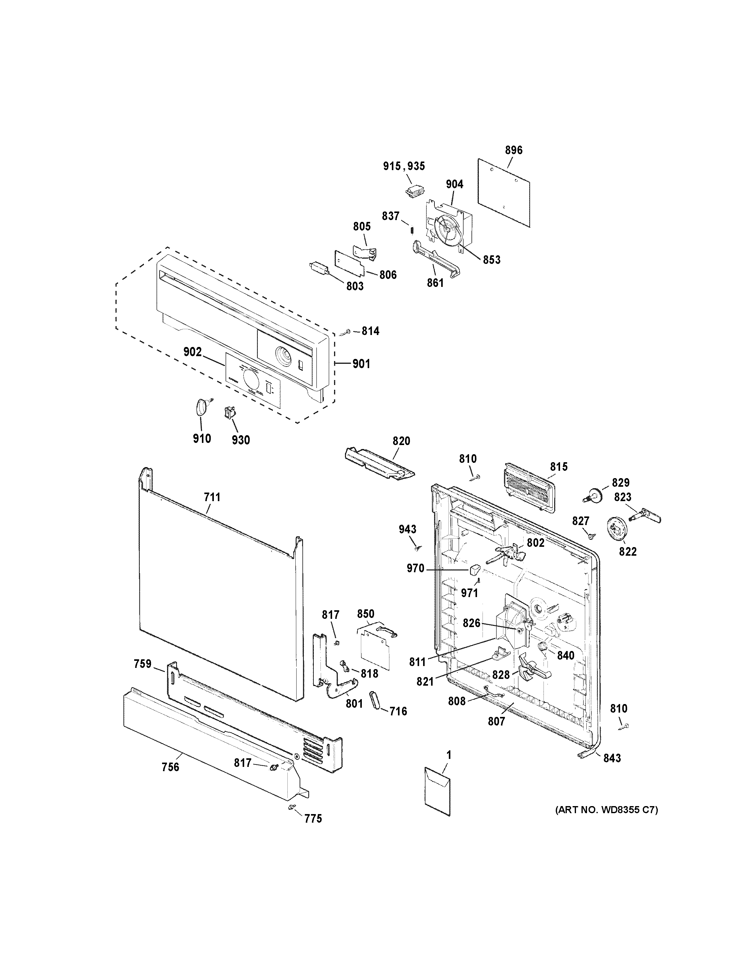 Hotpoint HDA2100R20WW escutcheon & door assembly diagram