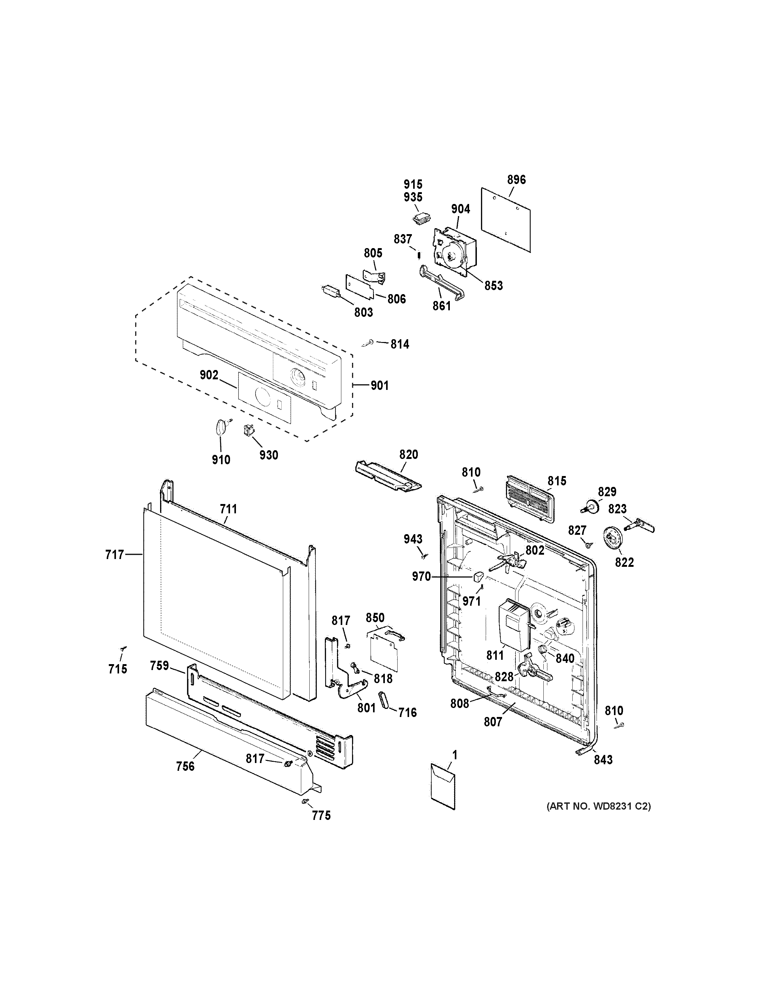 Hotpoint HDA1100N30WH escutcheon & door assembly diagram