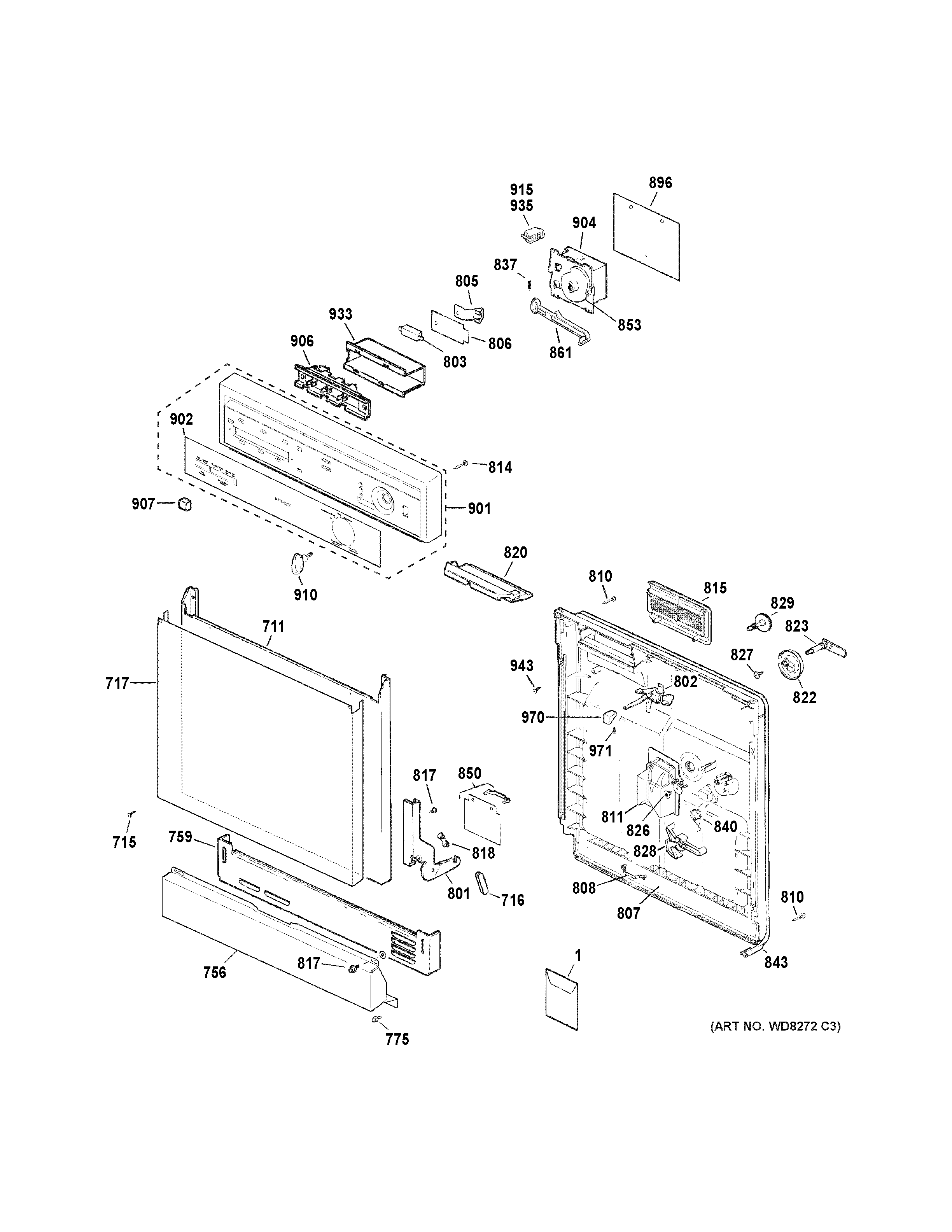 Hotpoint HDA3540N10SA escutcheon & door assembly diagram