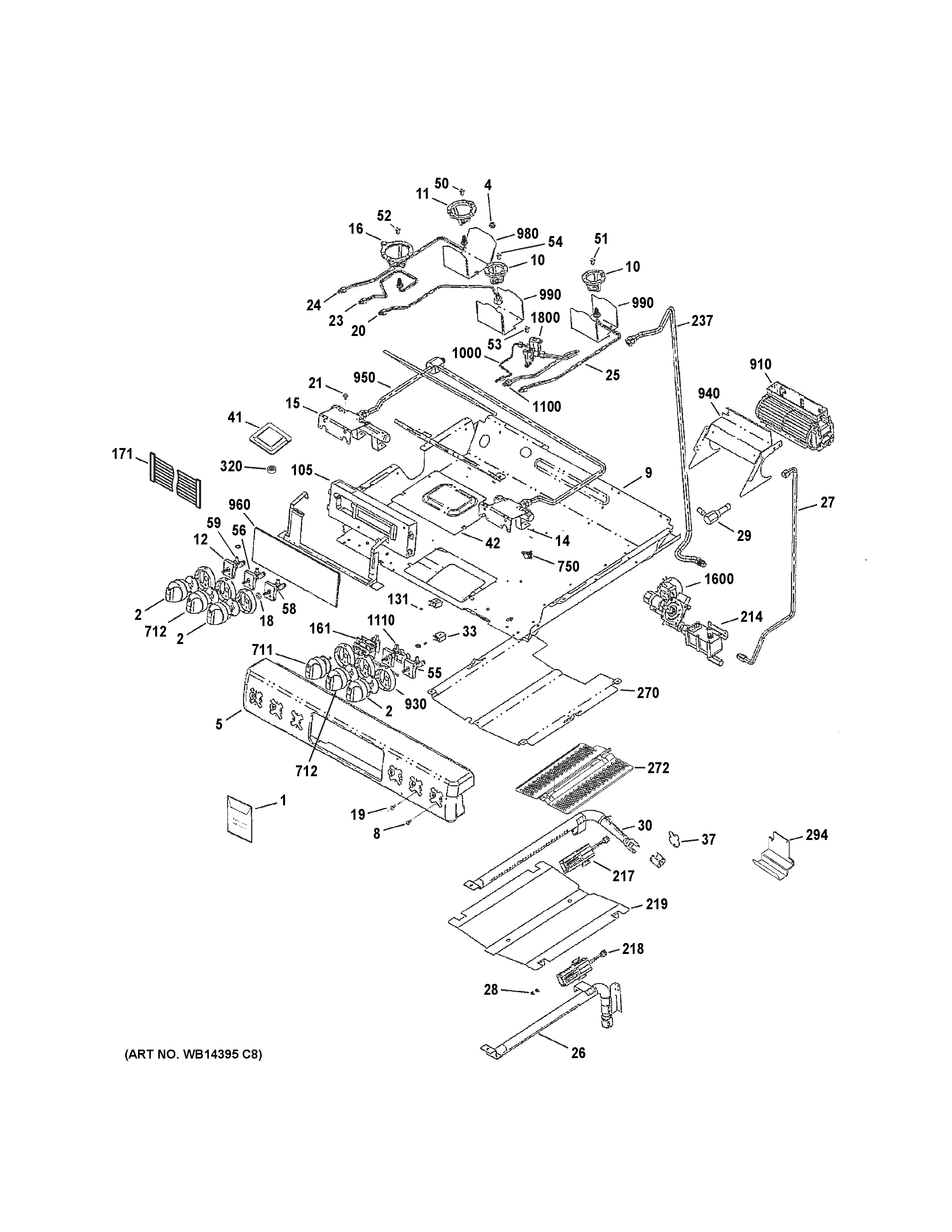 GE CGS980SEM6SS control panel, gas & burner parts diagram