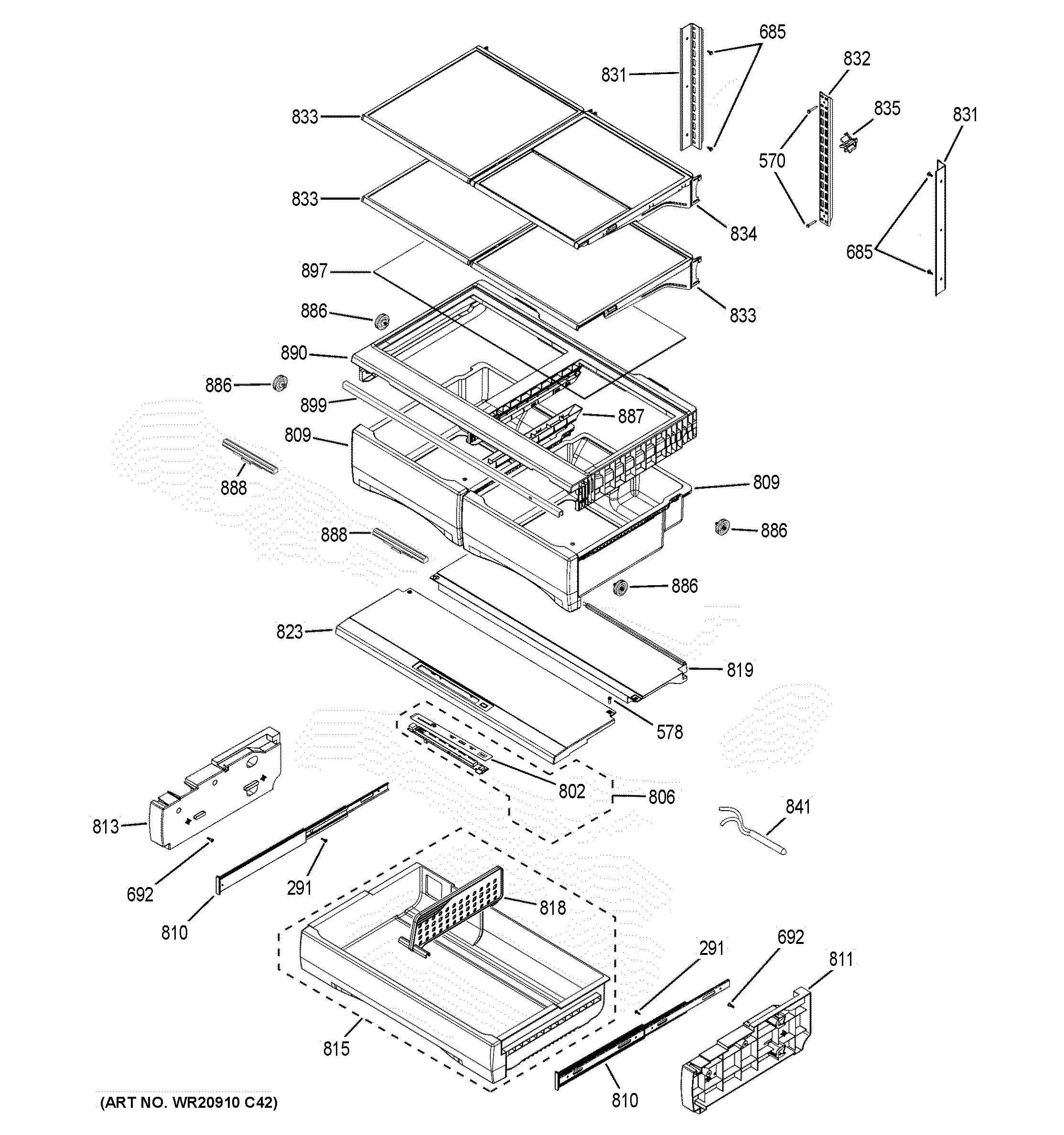 GE PYE22KBLCTS fresh food shelves diagram