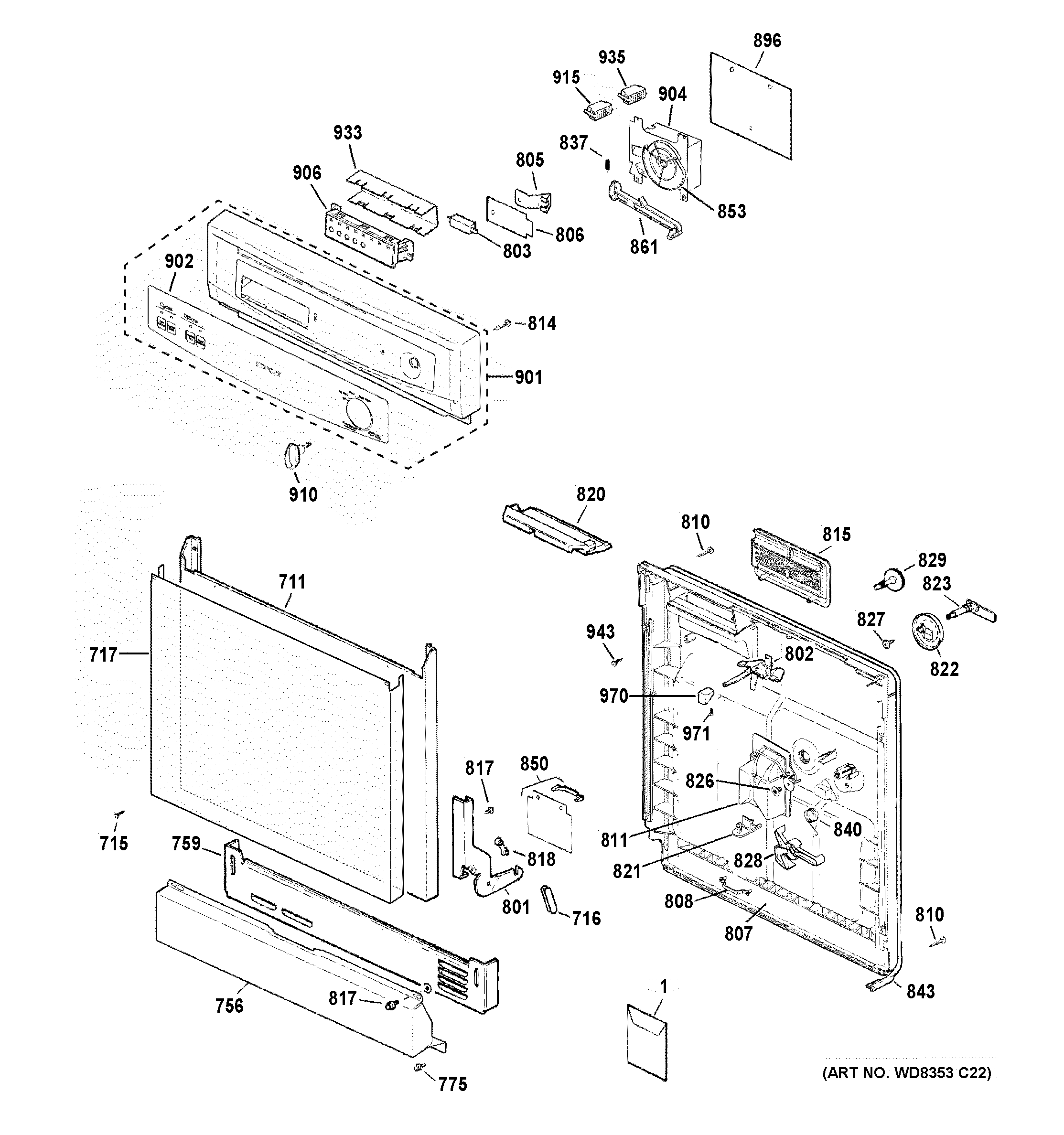 GE GSD2350R00CS escutcheon & door assembly diagram