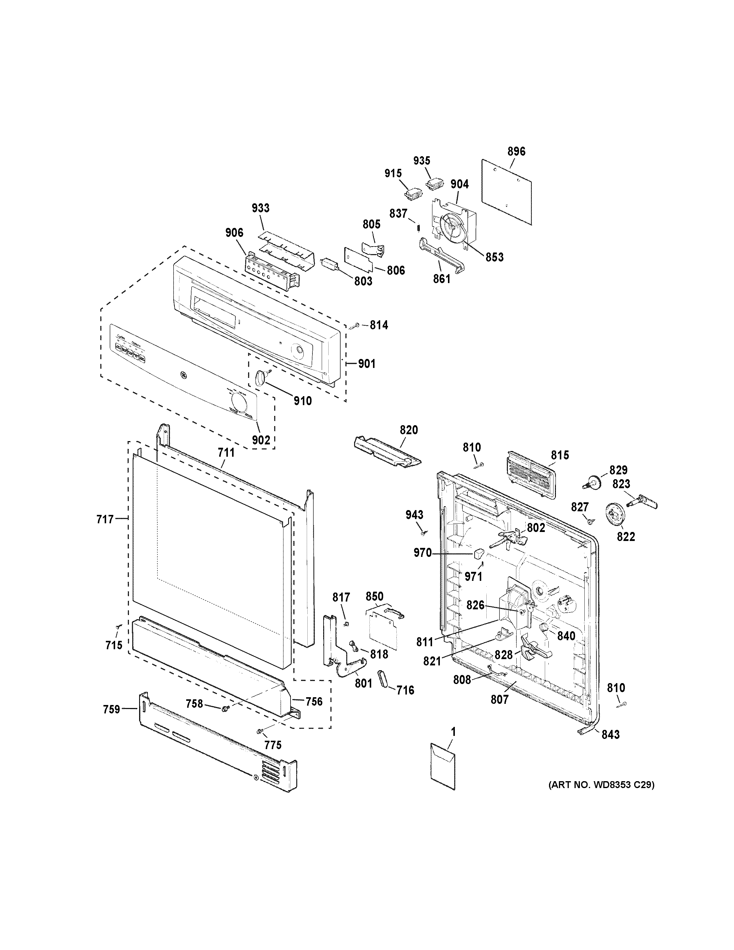 GE GSD2350V35CS escutcheon & door assembly diagram