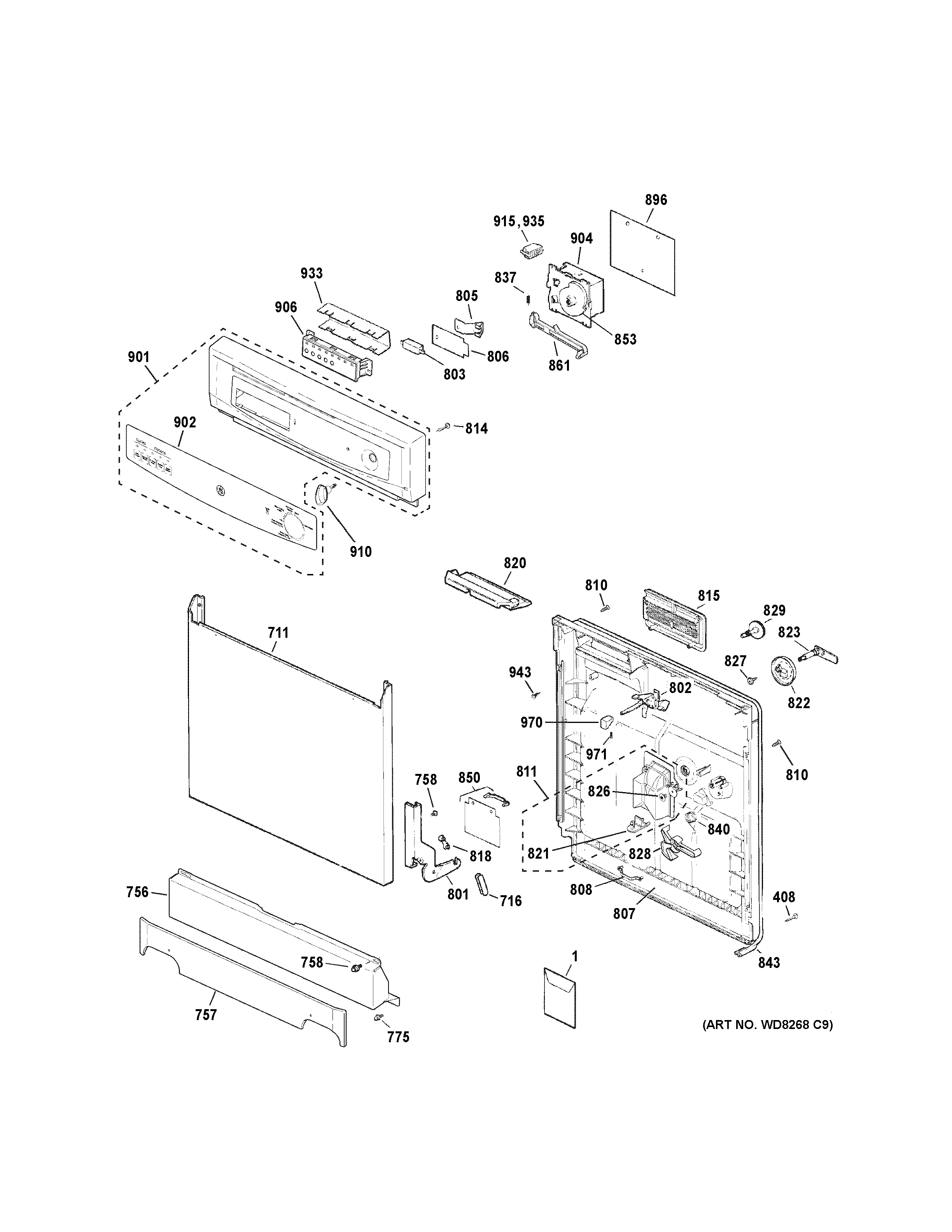 GE GSC3500D51BB escutcheon & door assembly diagram