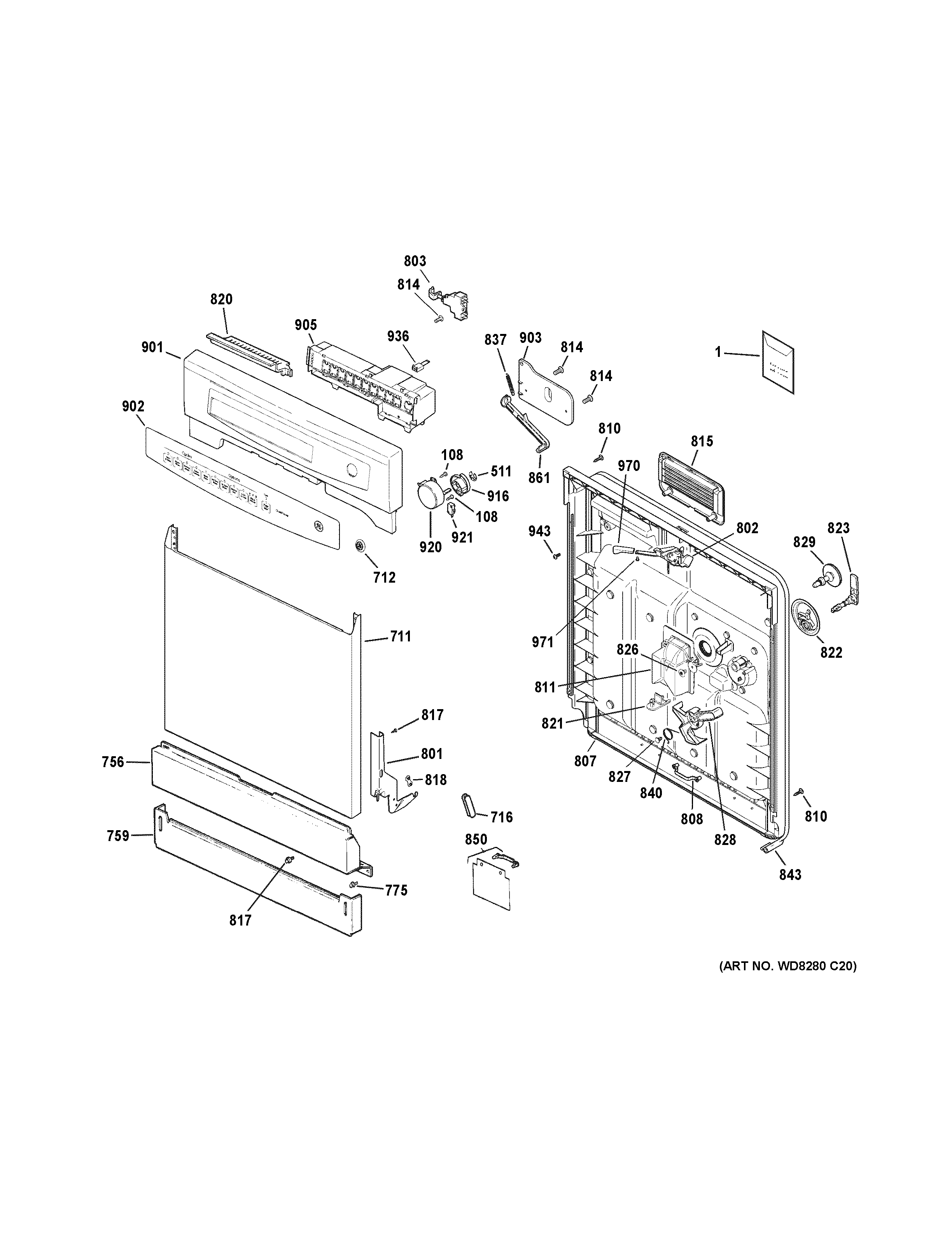 GE GSD4000R00BB escutcheon & door assembly diagram