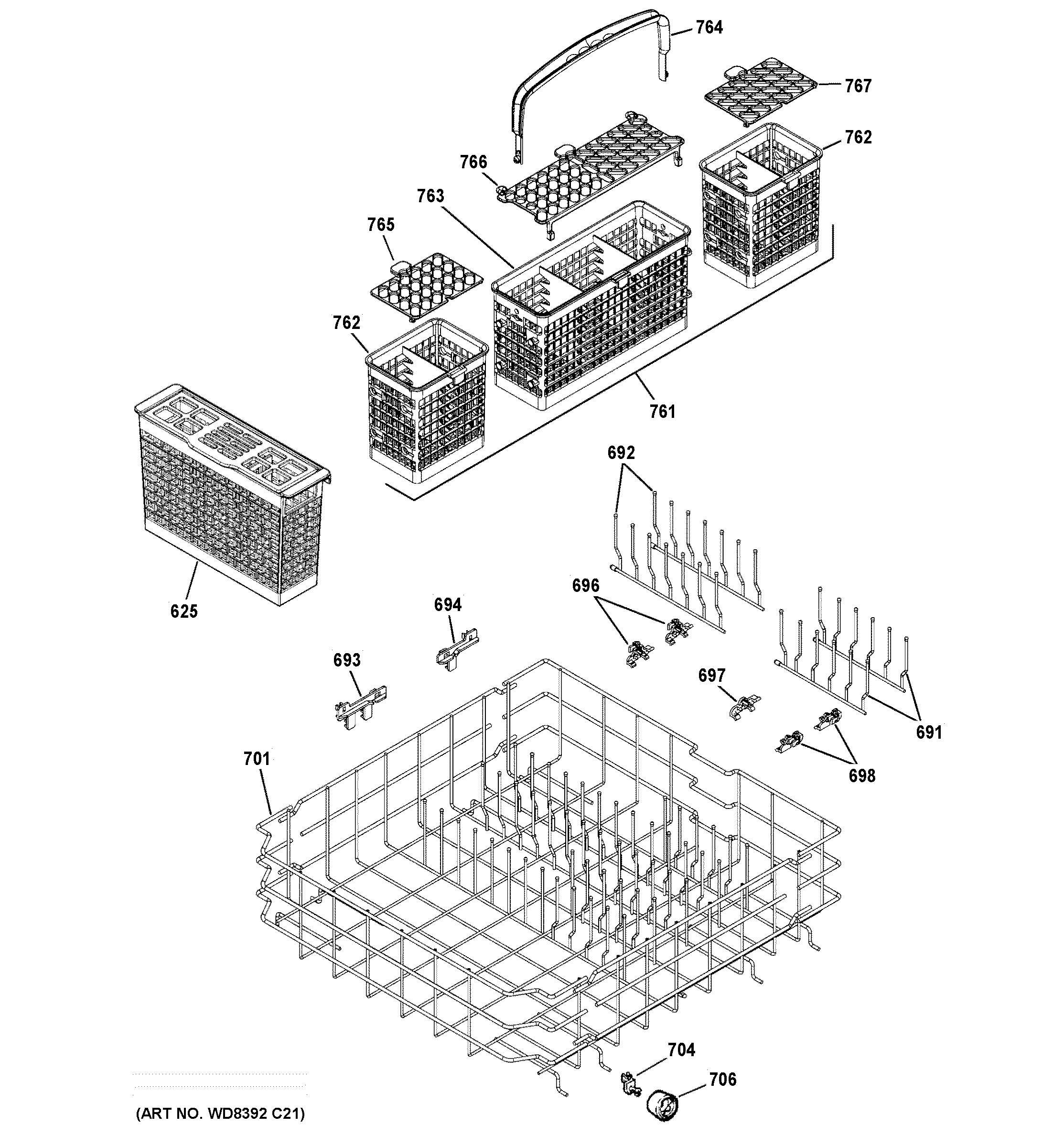 GE ZBD8900D00II lower rack assembly diagram