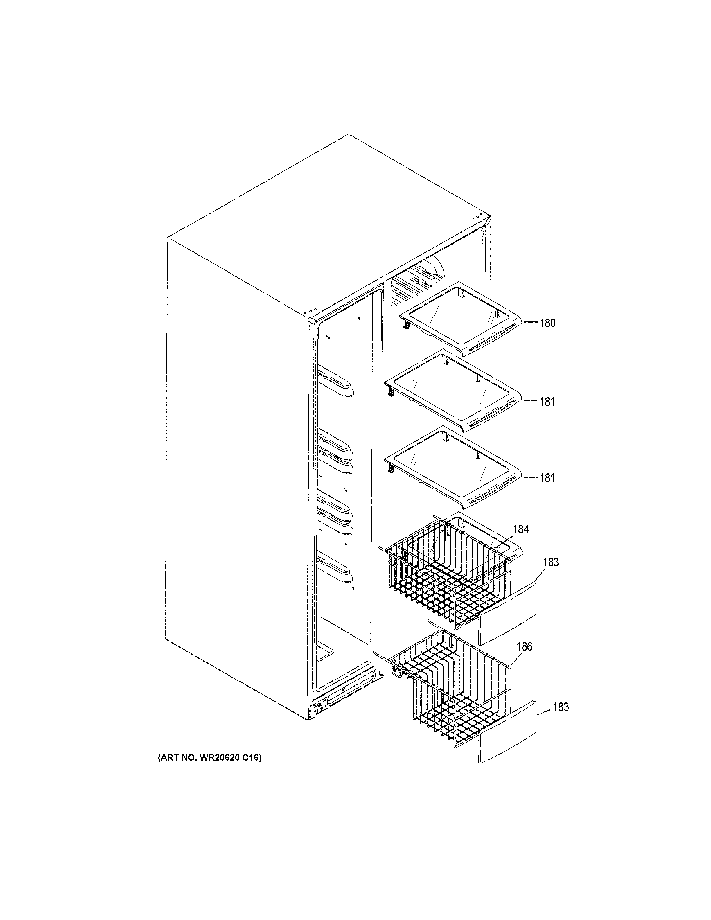 GE GSE25HBLJHTS freezer shelves diagram