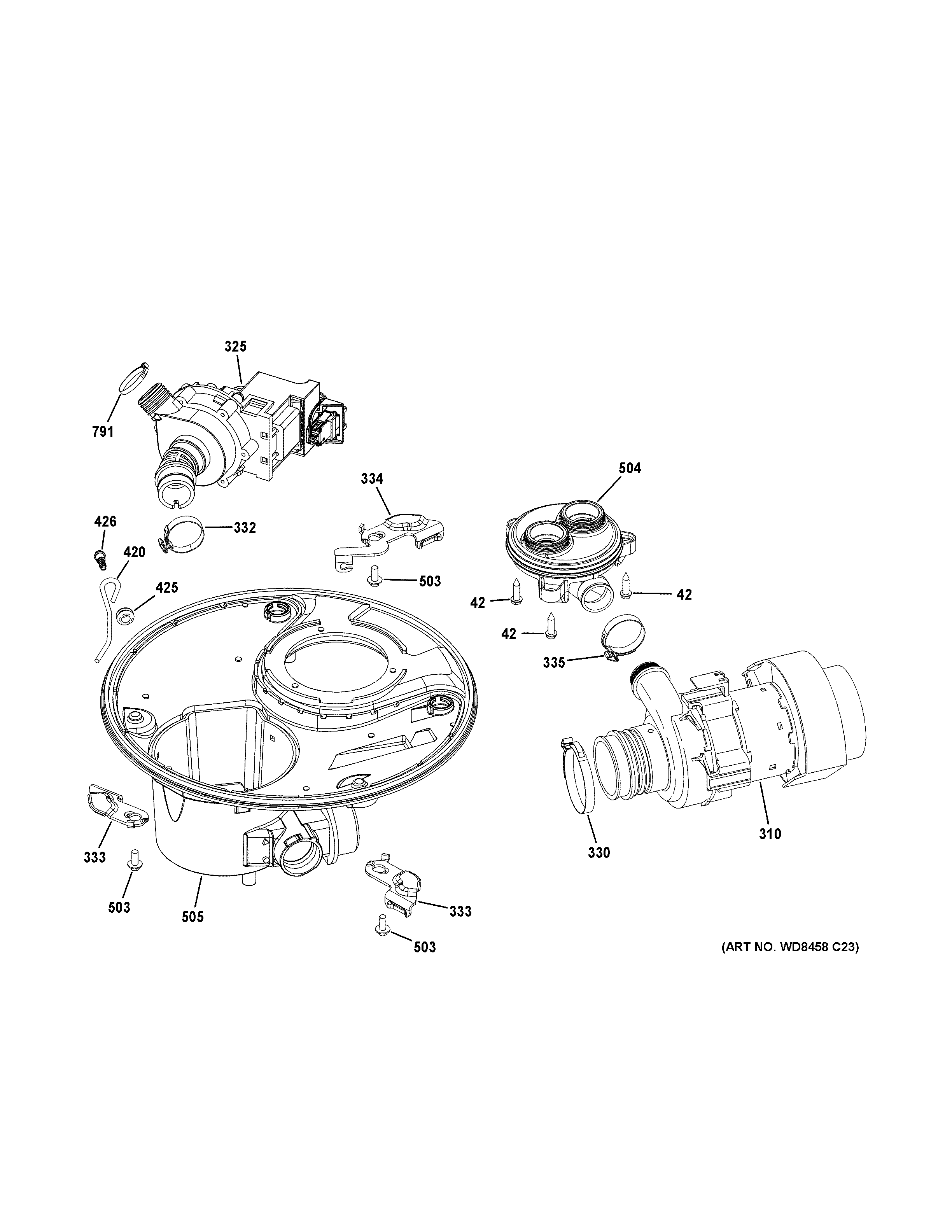 GE GDF510PSD6SS sump & motor mechanism diagram