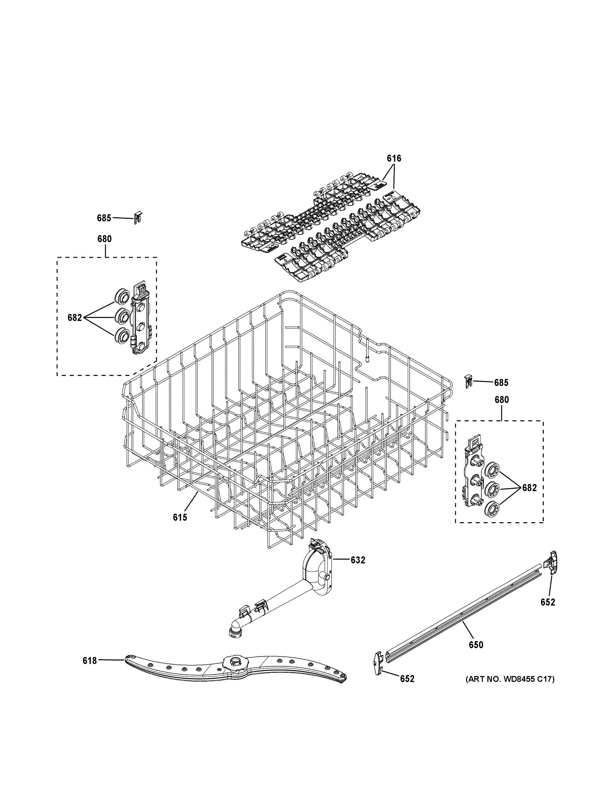GE GDF520PGJ0WW upper rack assembly diagram