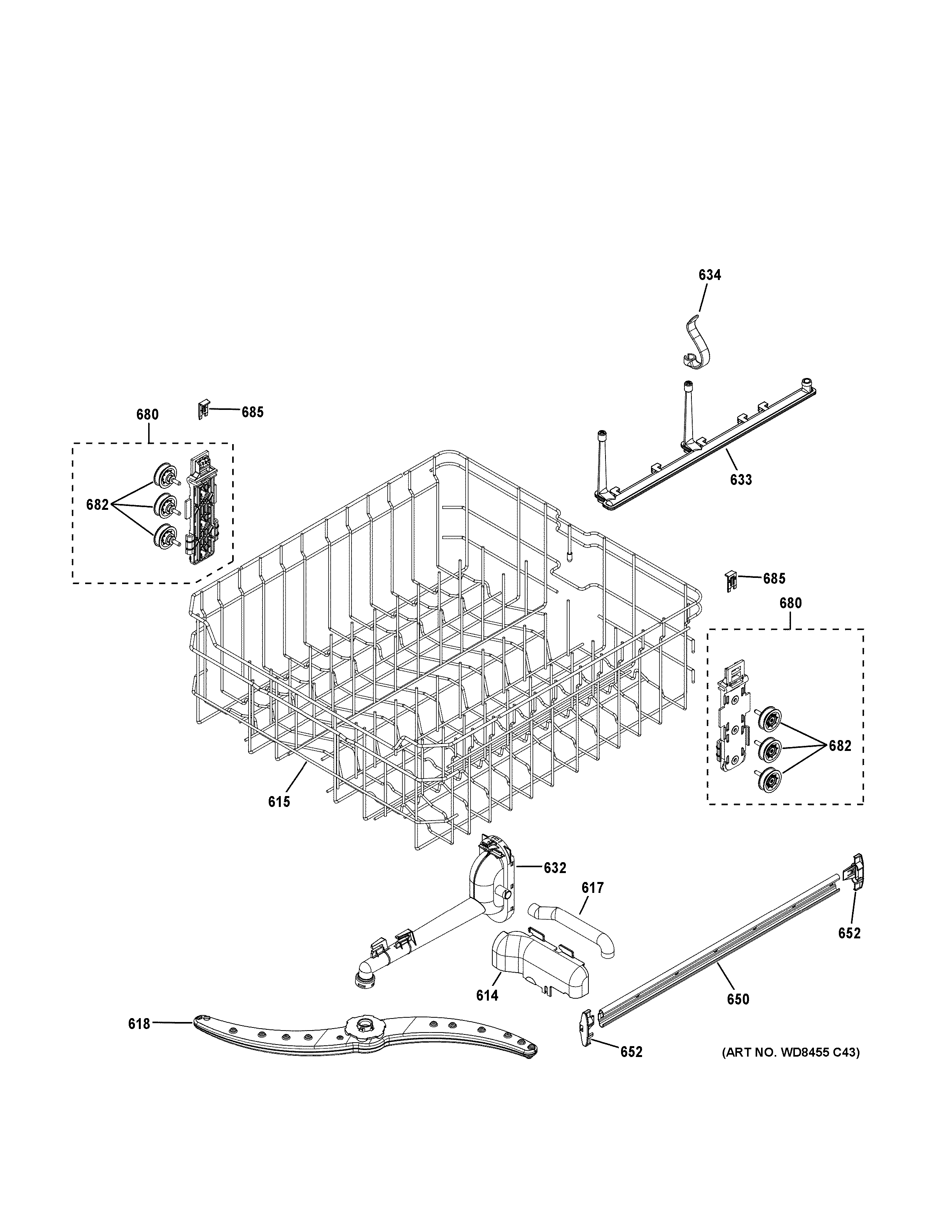 GE GDT625PSJ0SS upper rack assembly diagram