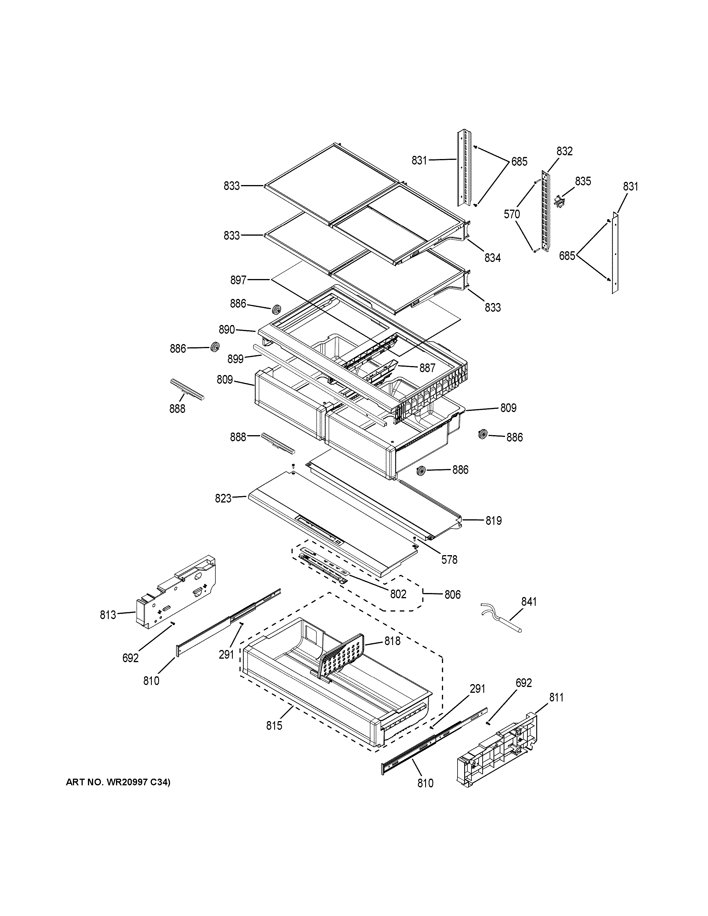 GE ZWE23PSHOSS fresh food shelves diagram
