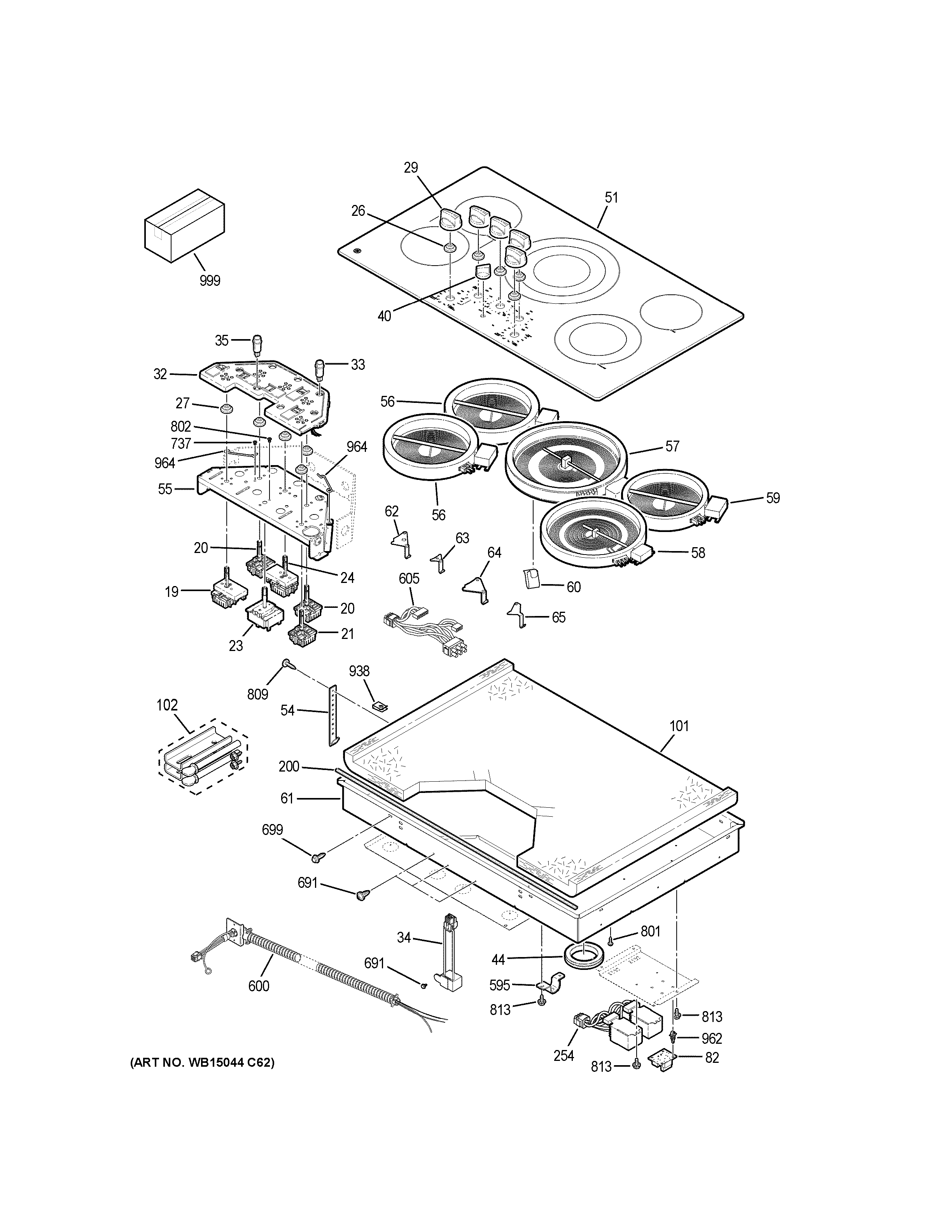 GE PP7036DJ1BB control panel & cooktop diagram