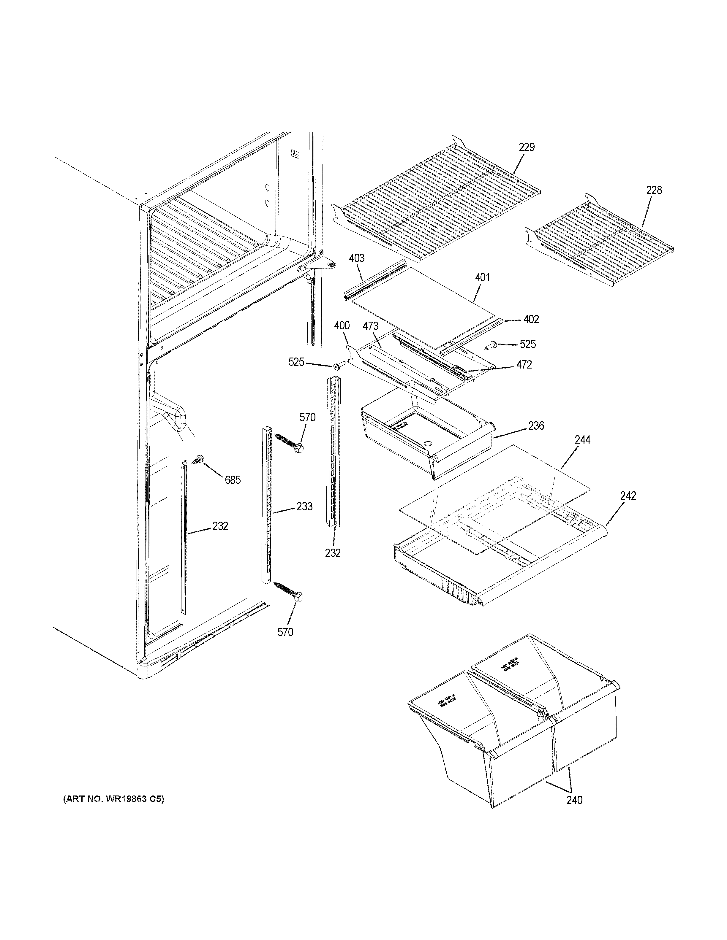 GE GTE18ETHPRWW fresh food shelves diagram