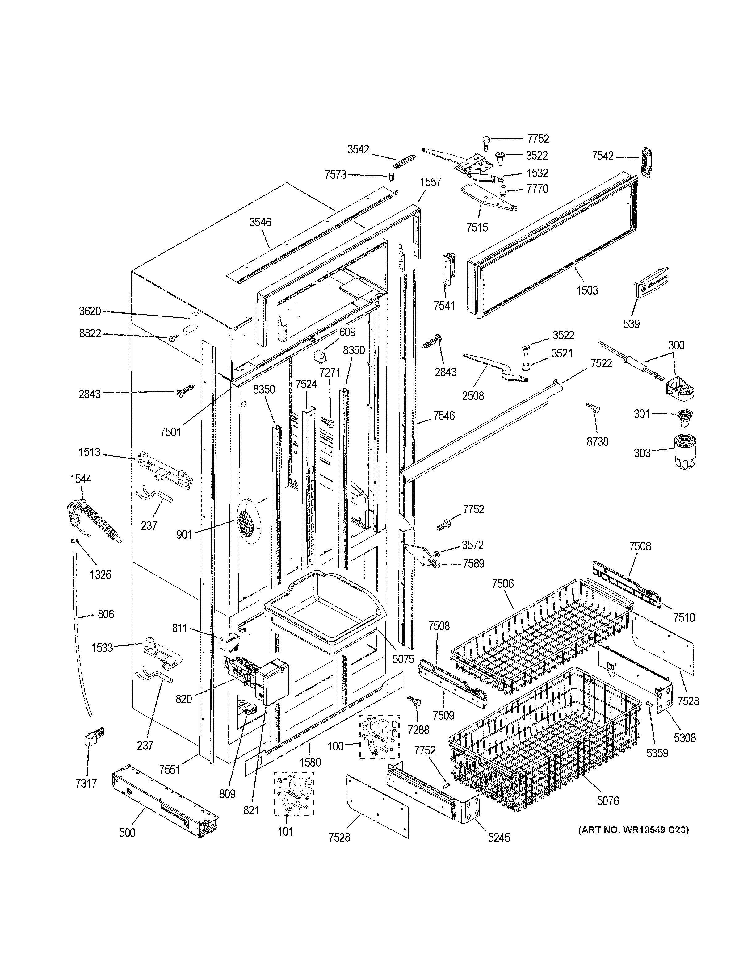 GE ZIC360NRJRH freezer section, trim & components diagram