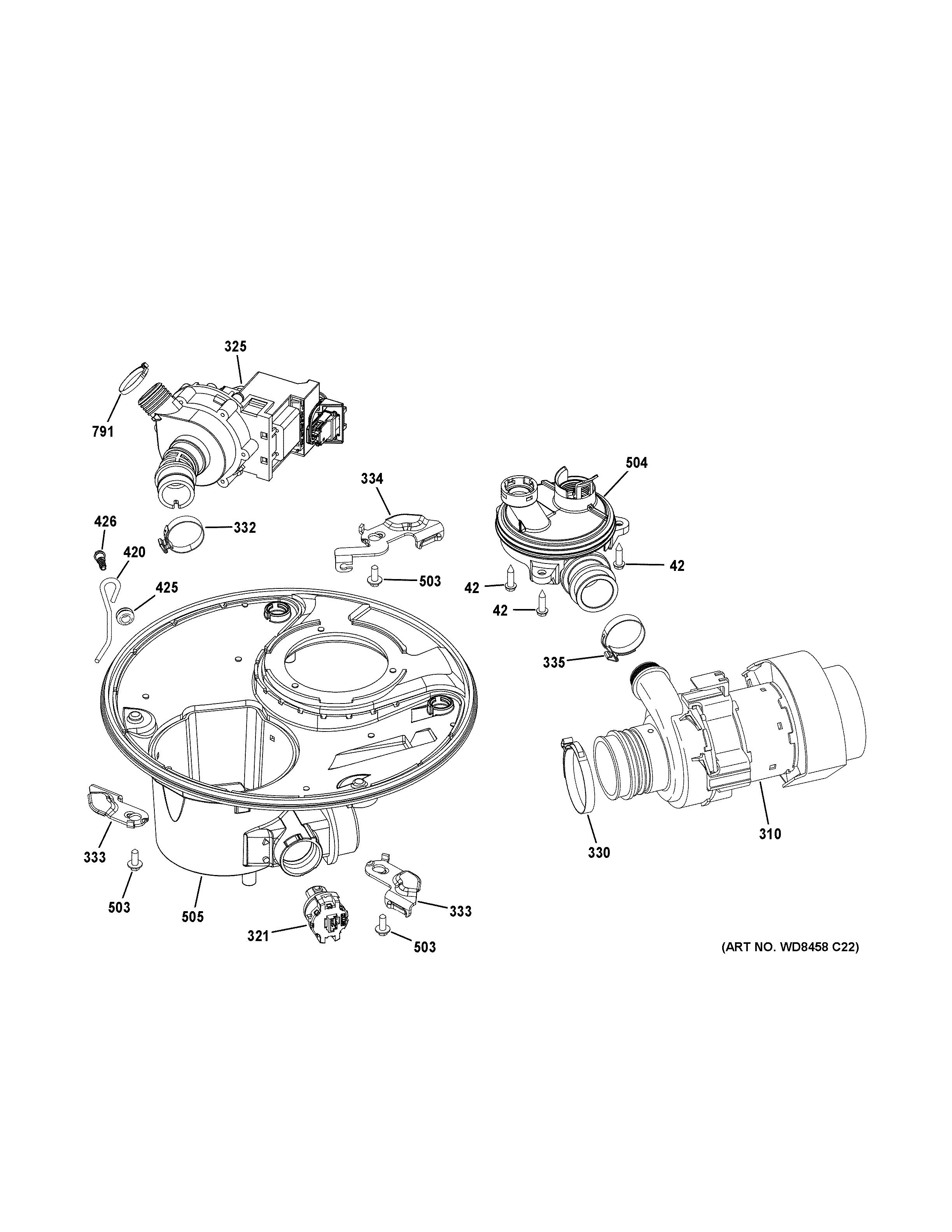 GE GDT545PGJ5WW sump & motor mechanism diagram
