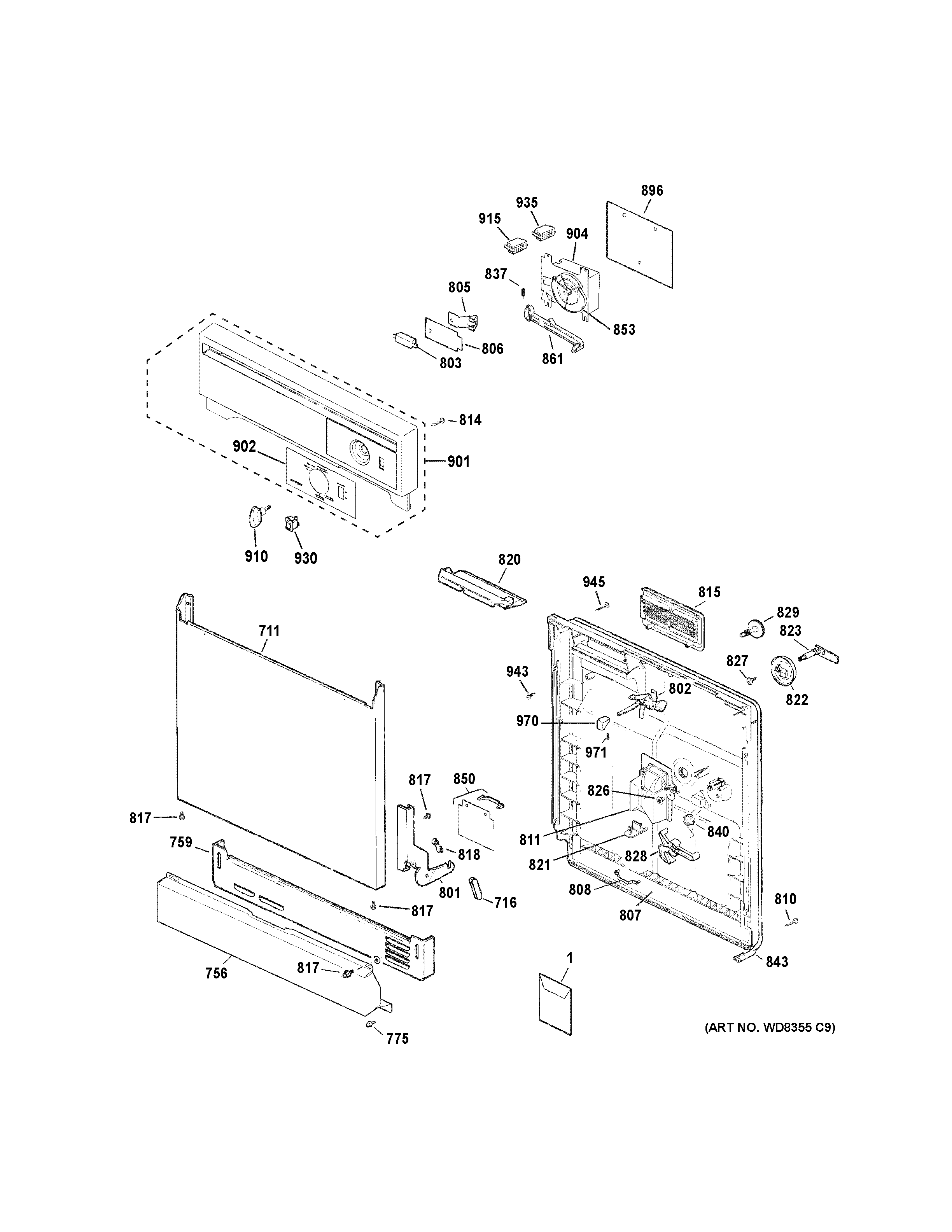 Hotpoint HDA2100H55CC escutcheon & door assembly diagram