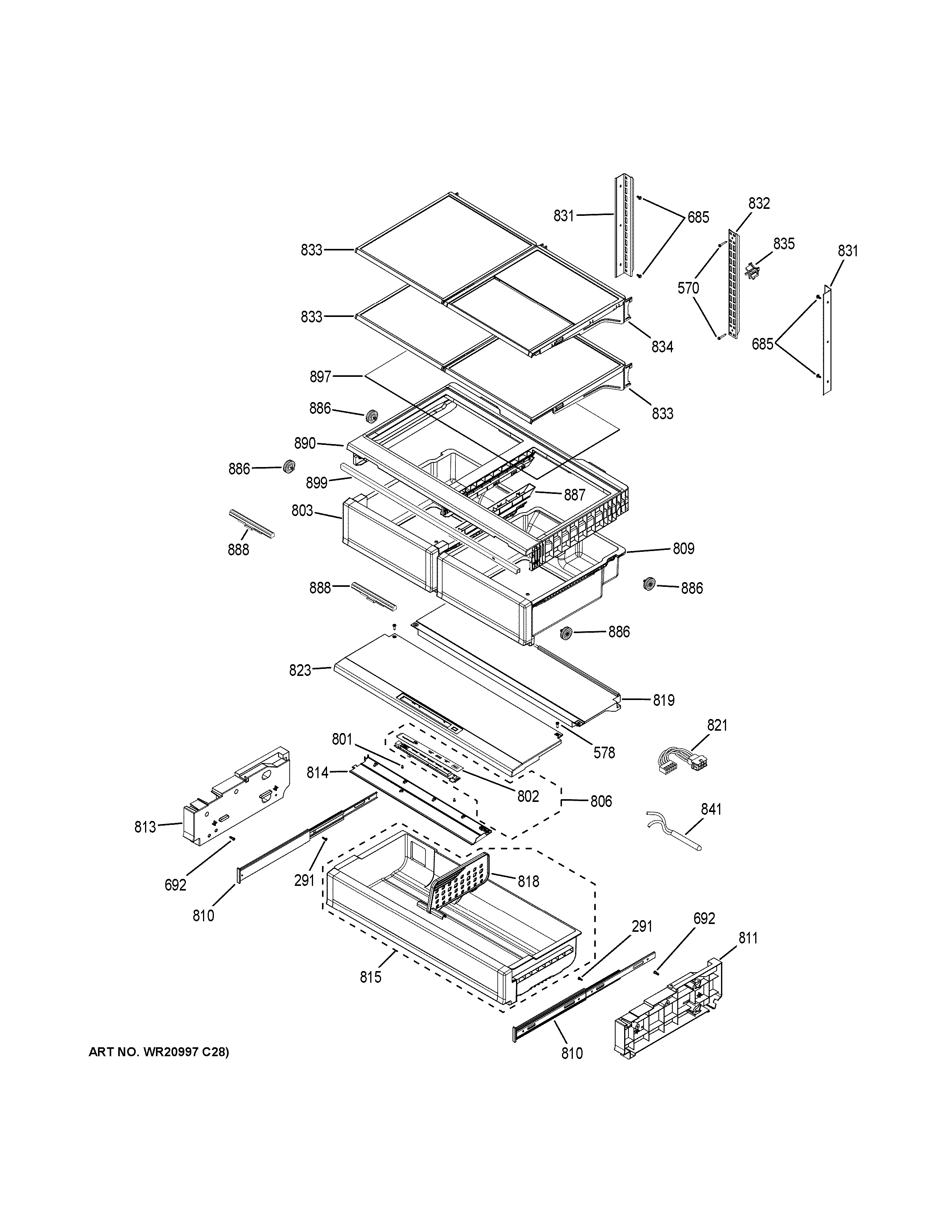 GE CFE28UELEDS fresh food shelves diagram